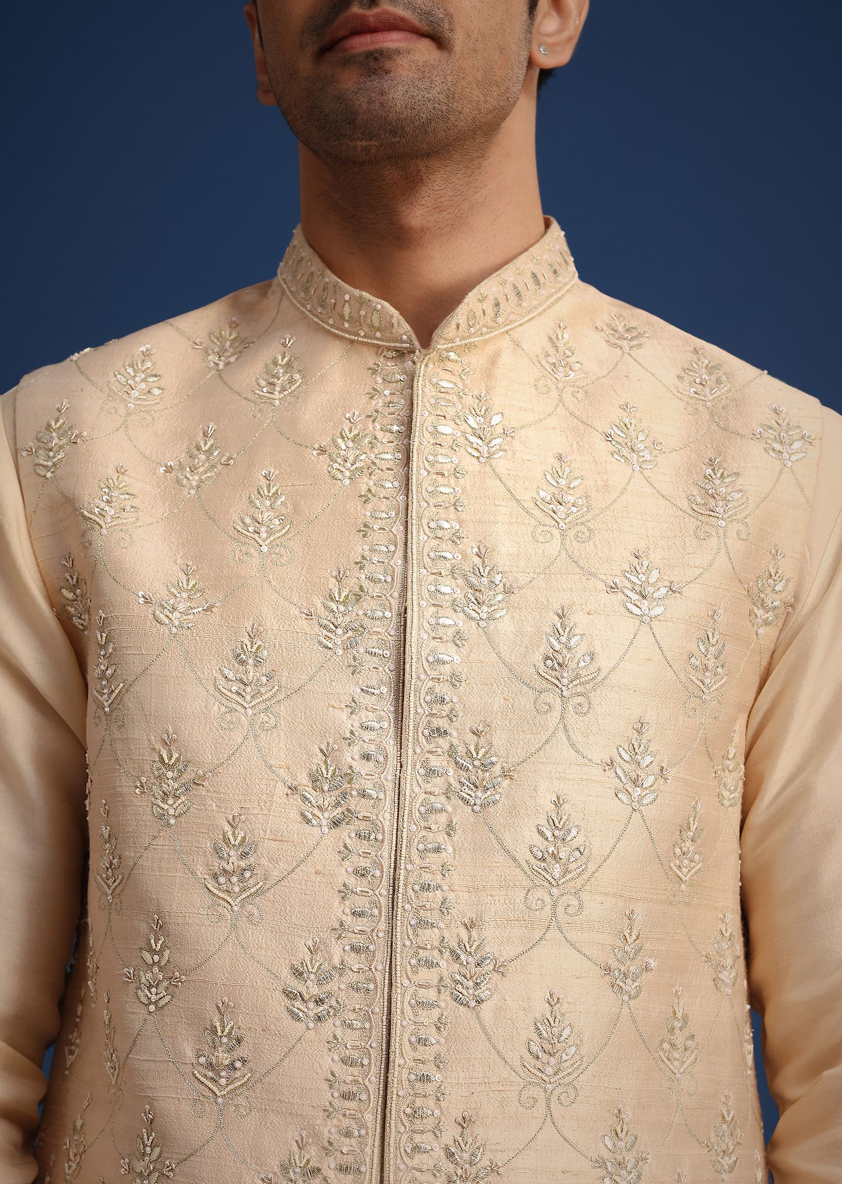 Beige Silk Zardozi Work Jacket And Kurta Set - Image 2