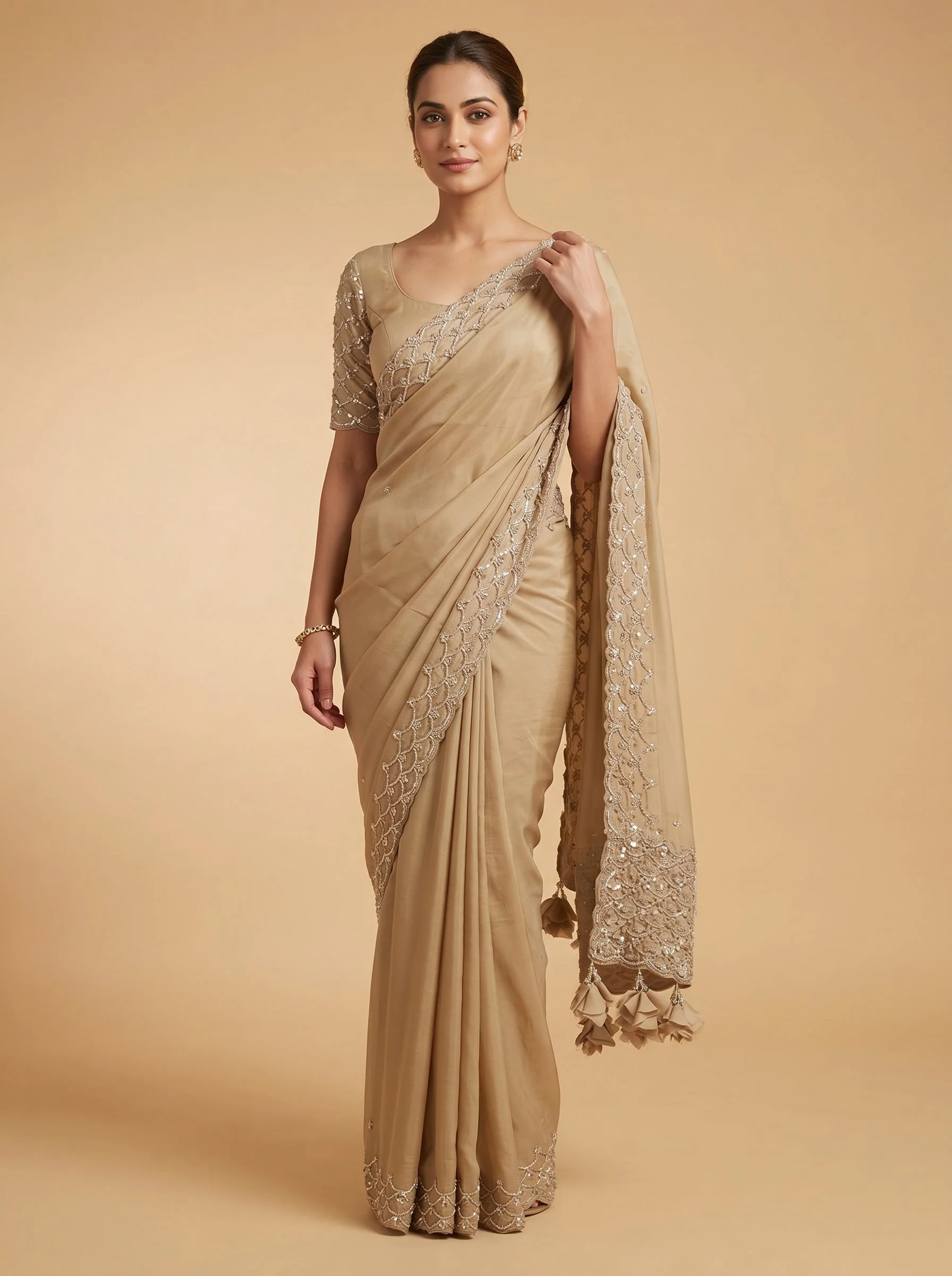 Beige Simple Work Embroidered Saree