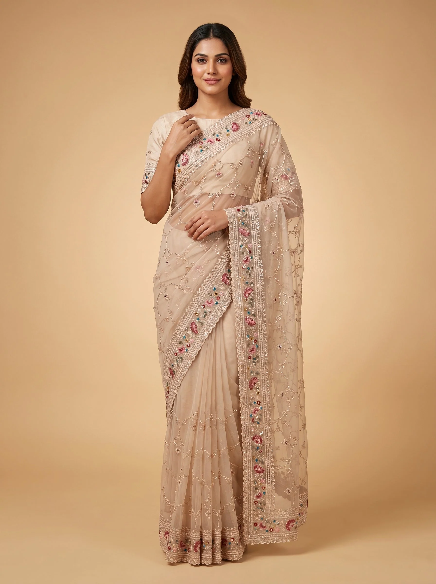 Beige Soft Elegance Embroidered Saree