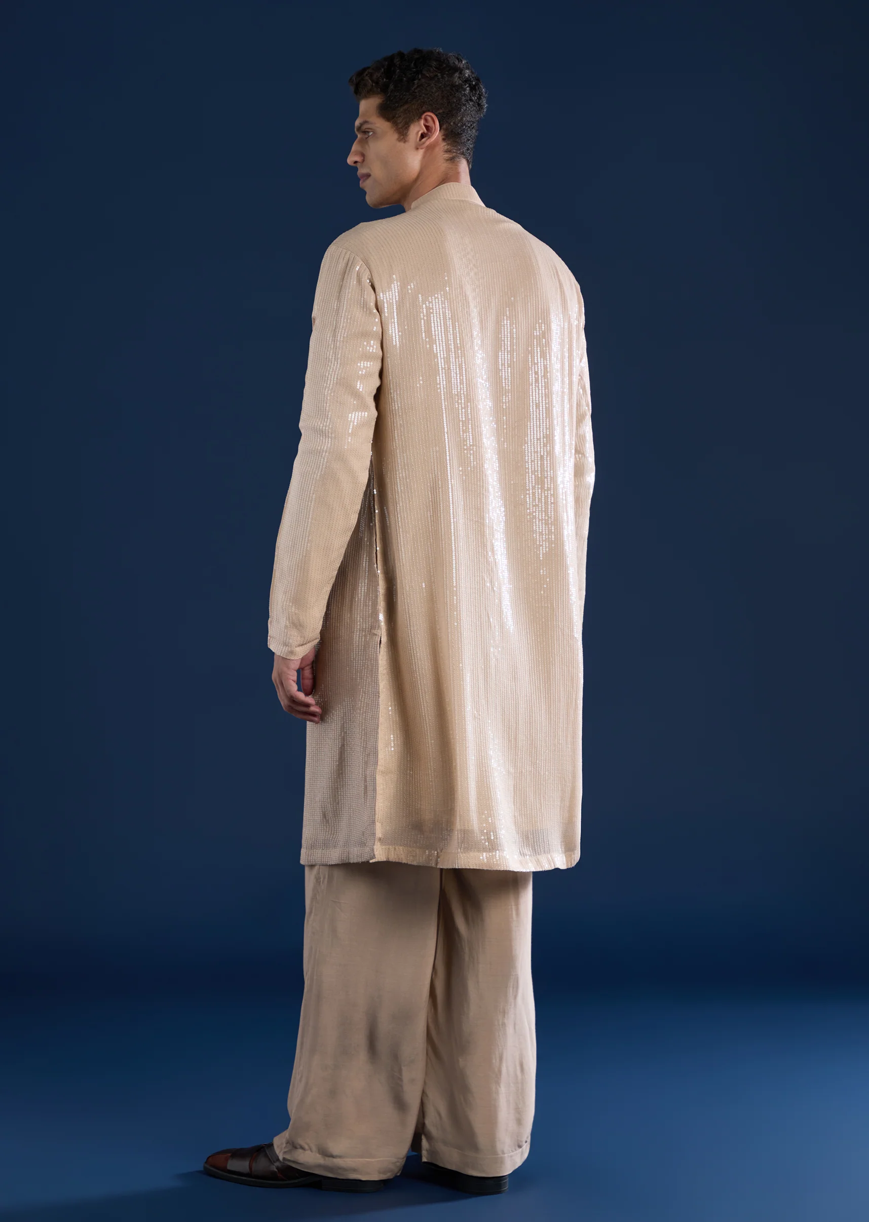 Beige Statement Pairing – Zardozi Sequin Palazzo Suit For Her And Beige Sequin Kurta Pant Set For Him - Image 10
