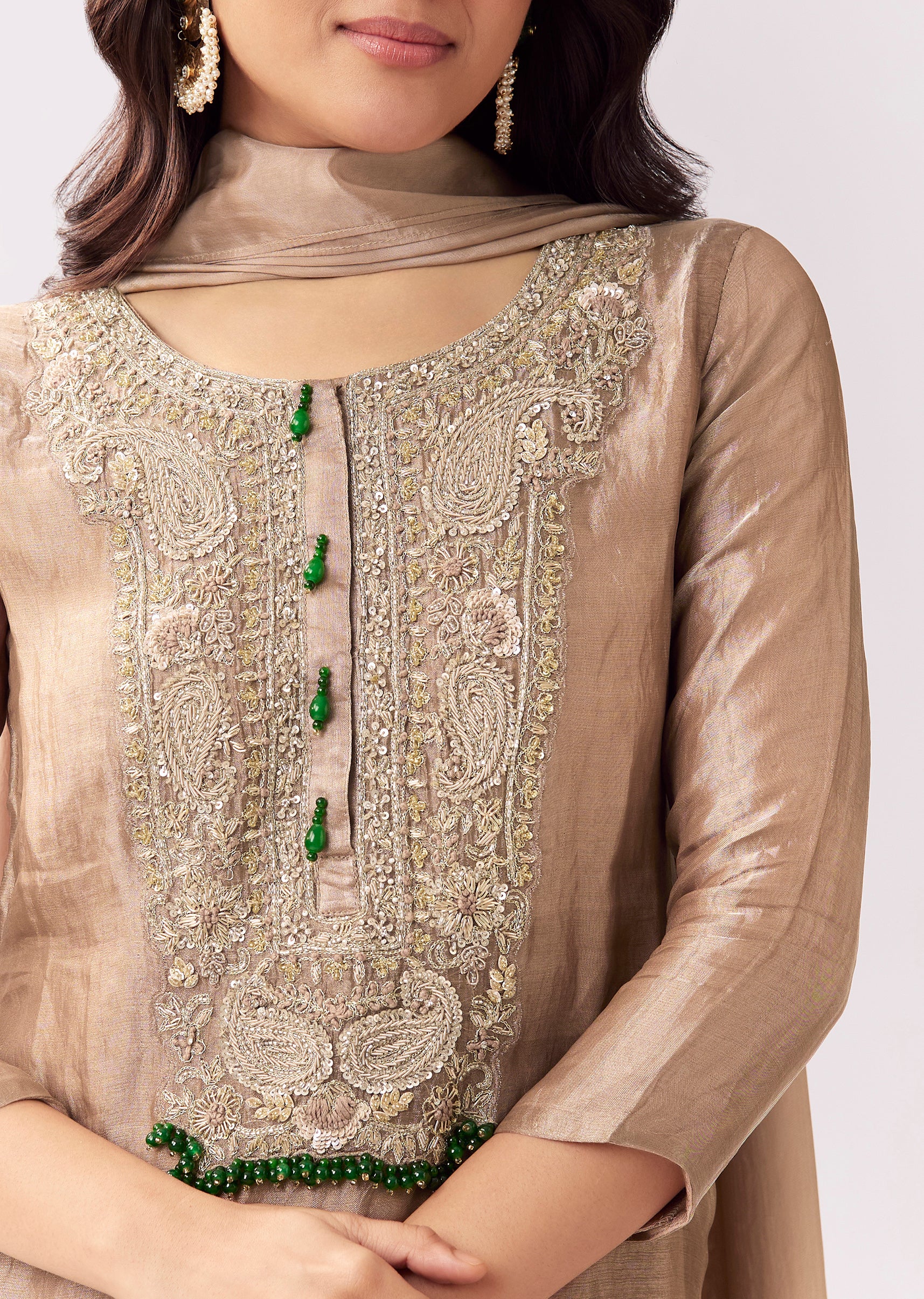Beige Statement Pairing – Zardozi Sequin Palazzo Suit For Her And Beige Sequin Kurta Pant Set For Him - Image 2