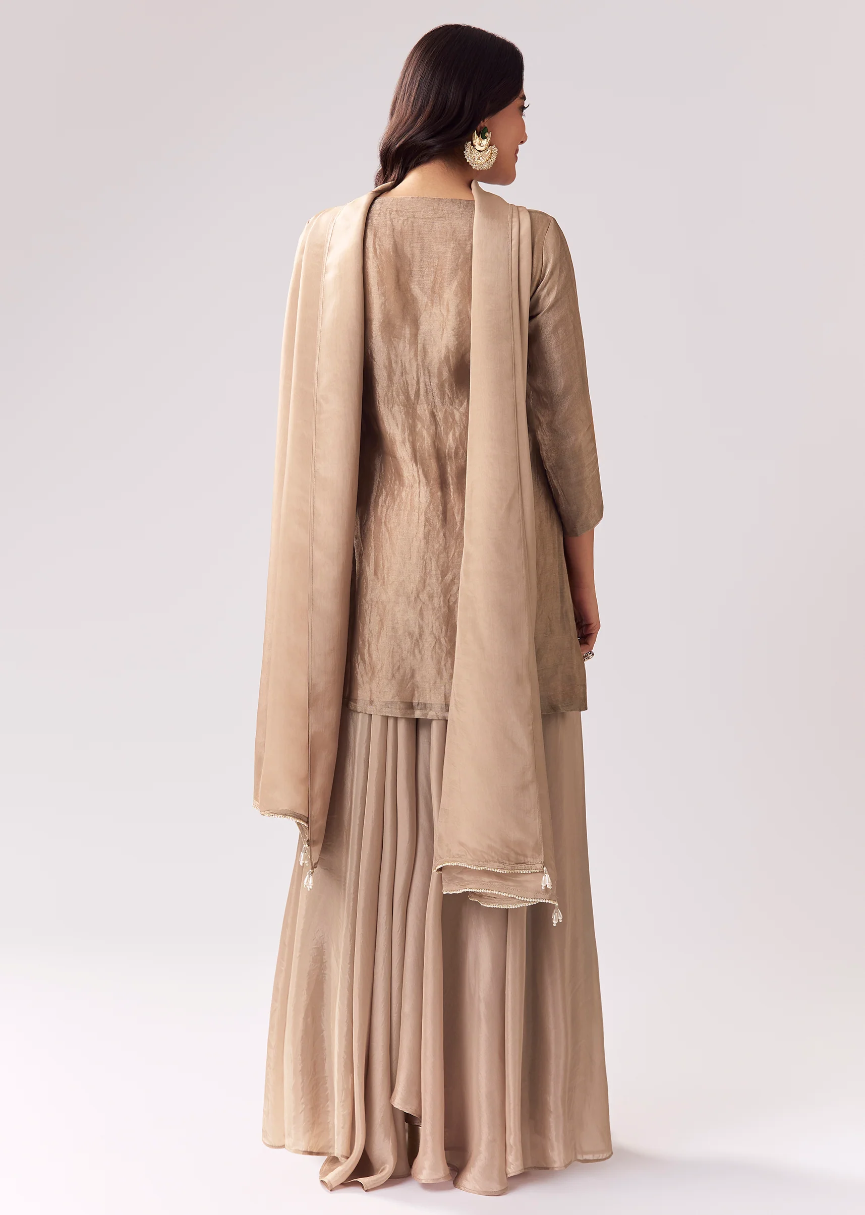 Beige Statement Pairing – Zardozi Sequin Palazzo Suit For Her And Beige Sequin Kurta Pant Set For Him - Image 6