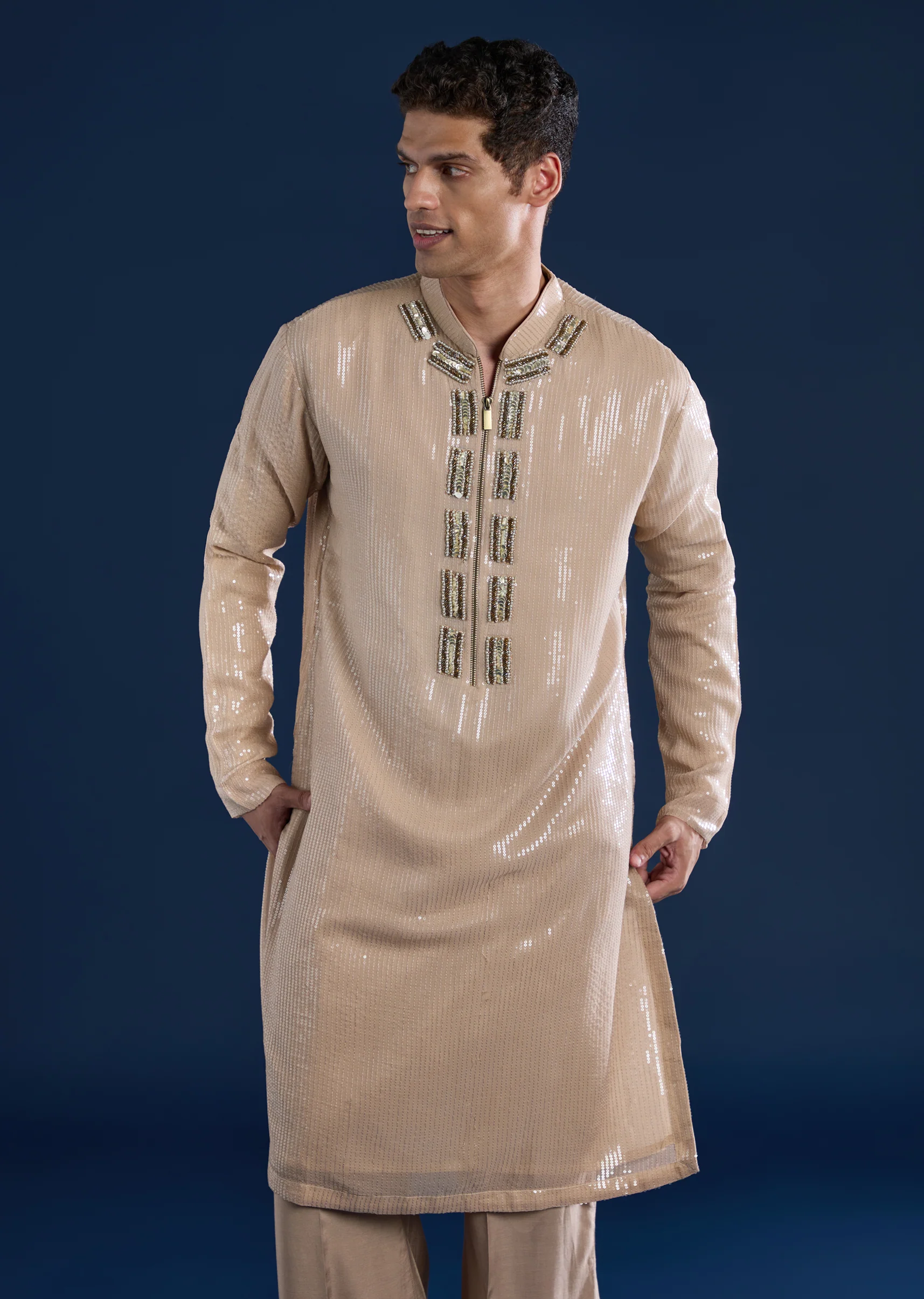 Beige Statement Pairing – Zardozi Sequin Palazzo Suit For Her And Beige Sequin Kurta Pant Set For Him - Image 8