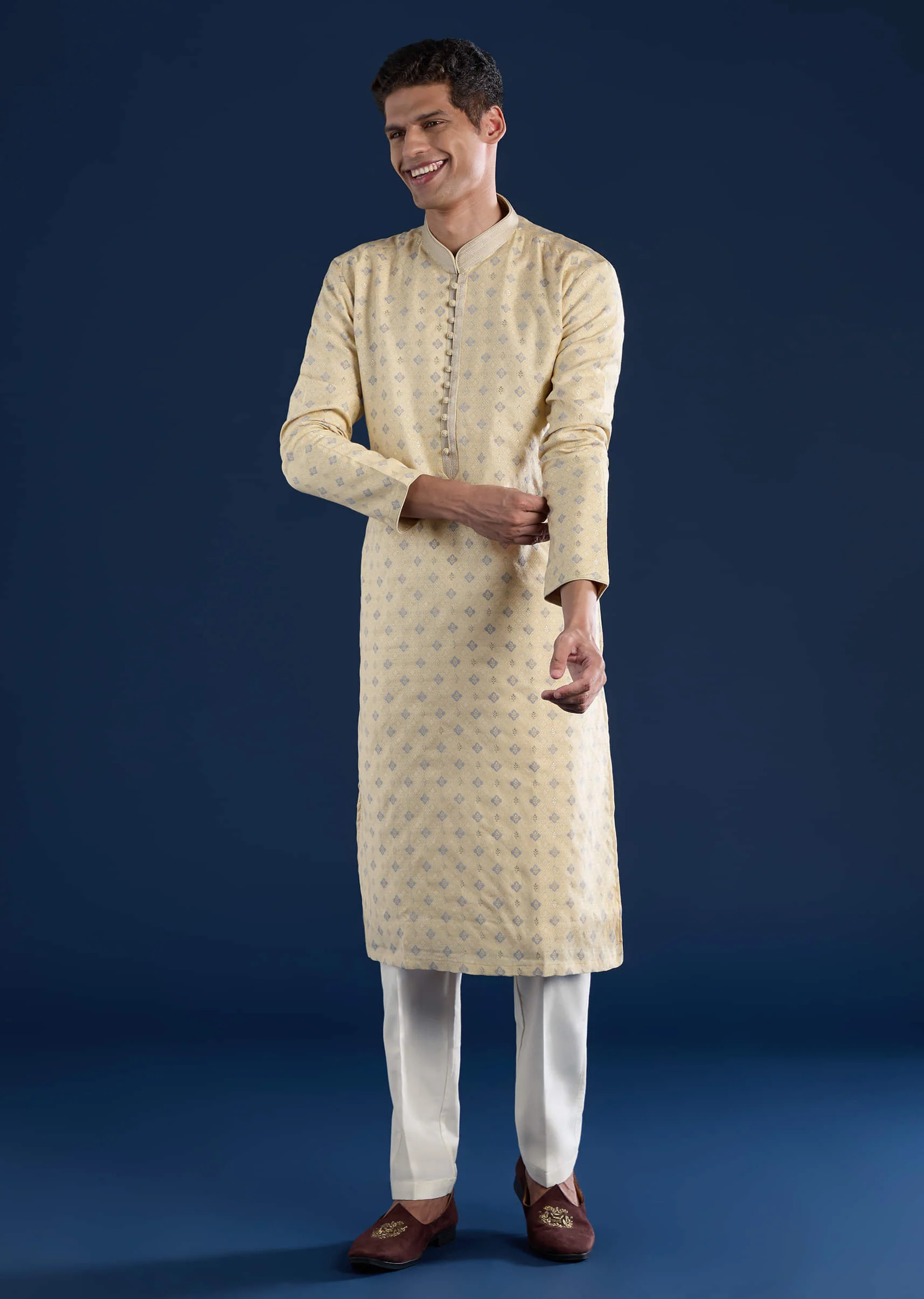 Beige Straight Kurta and Pant Set in Jacquard - Image 3