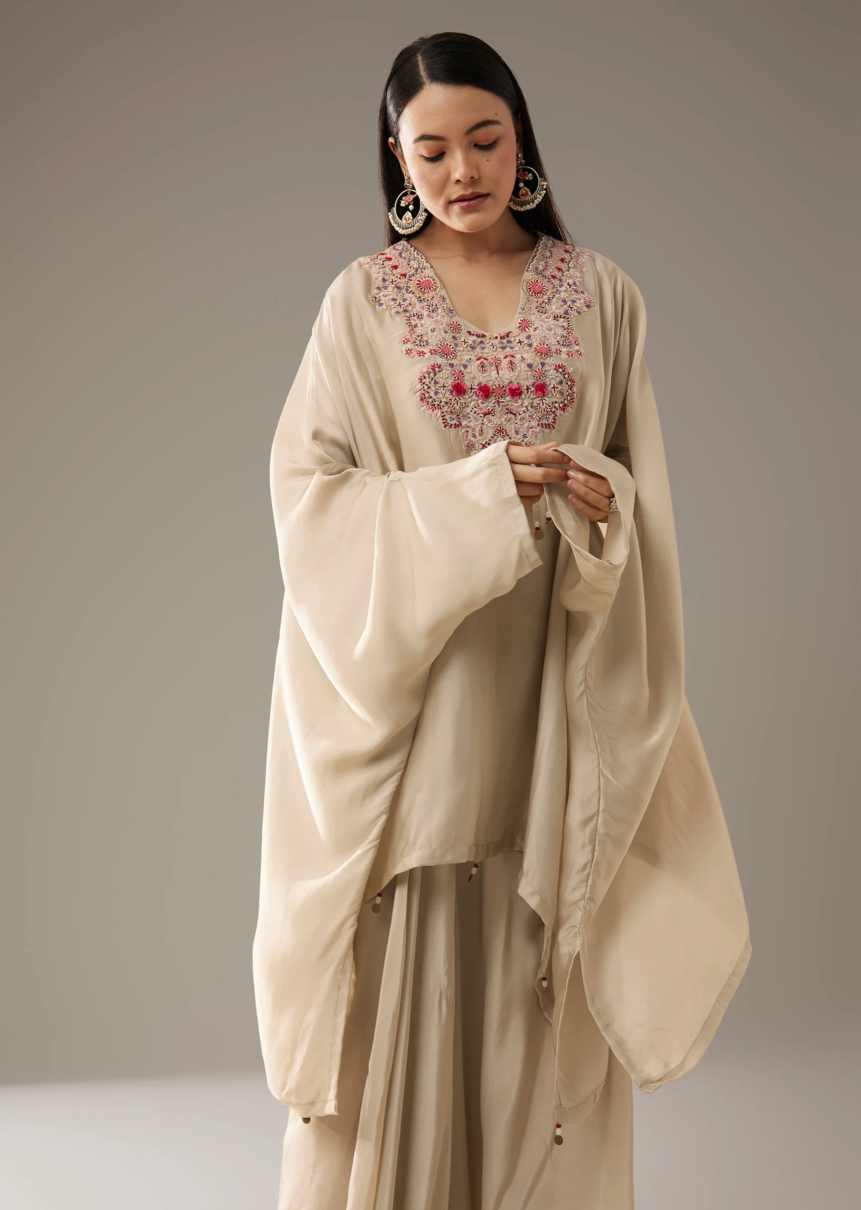 Beige Thread Embroidered Top and Dhoti Skirt Set - Image 4