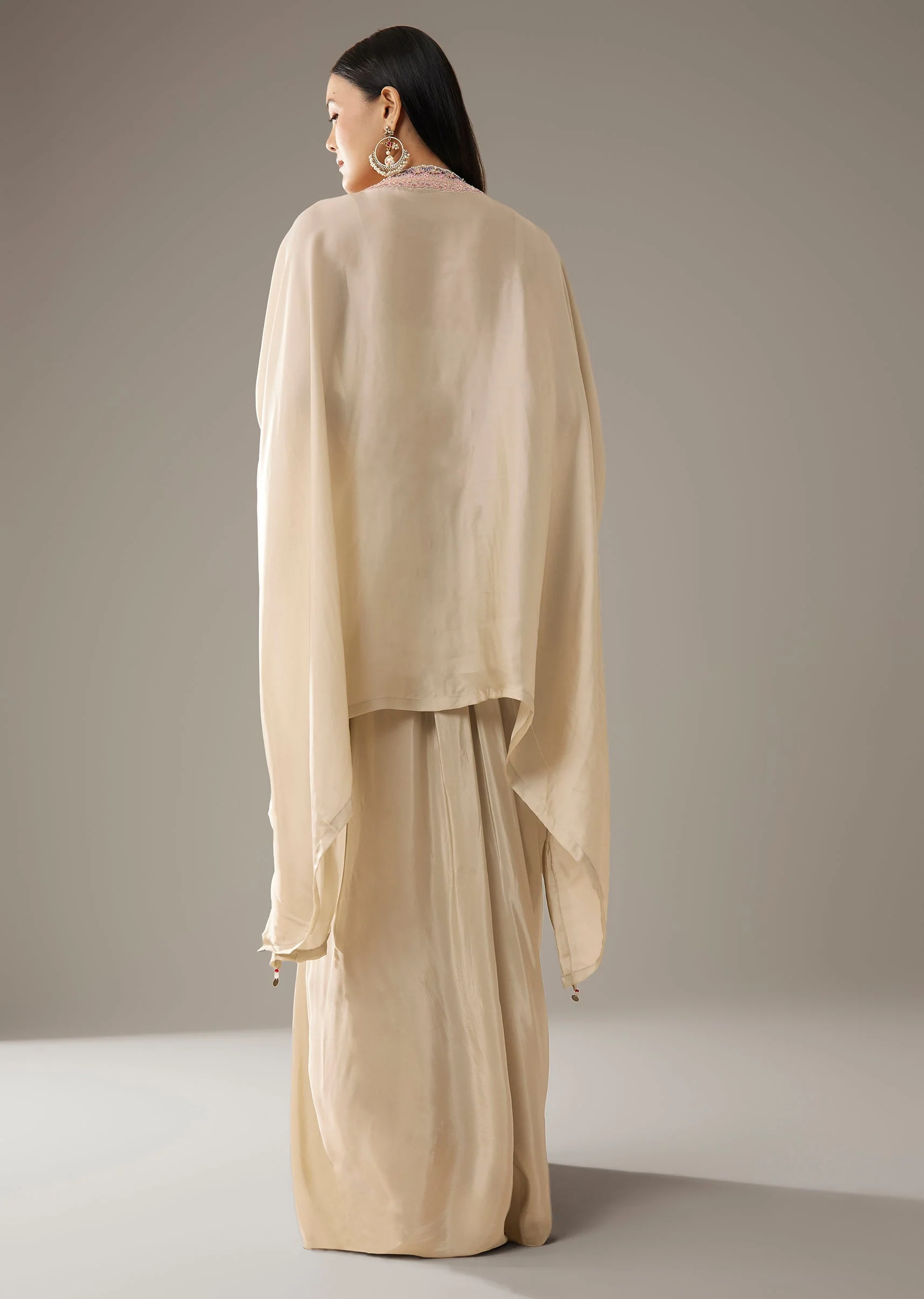 Beige Thread Embroidered Top and Dhoti Skirt Set - Image 5