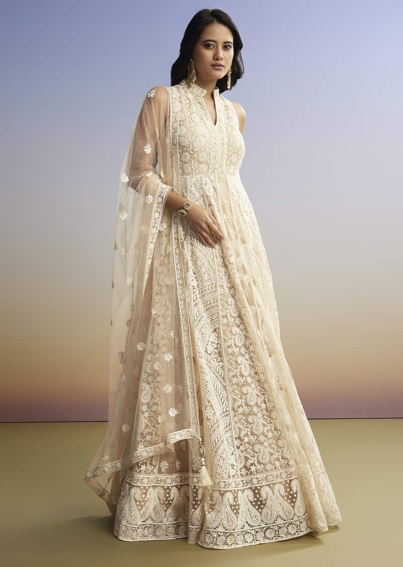 Beige Threadwork Anarkali With Dupatta - Image 2