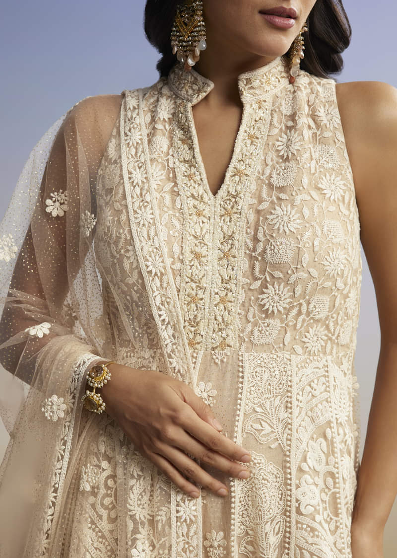 Beige Threadwork Anarkali With Dupatta - Image 3