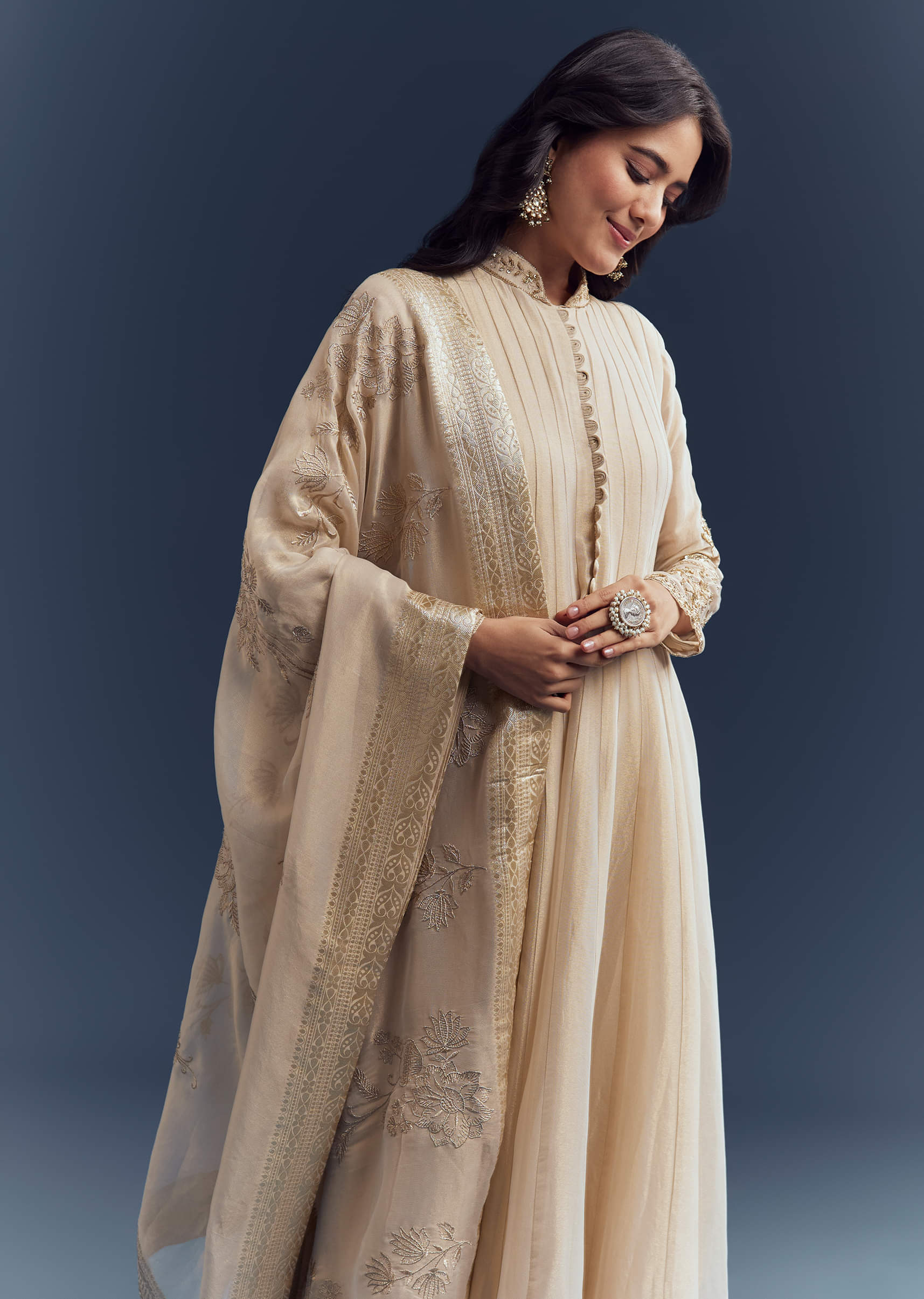 Beige Tissue Anarkali Suit With Delicate Zari Embroidery - Image 5