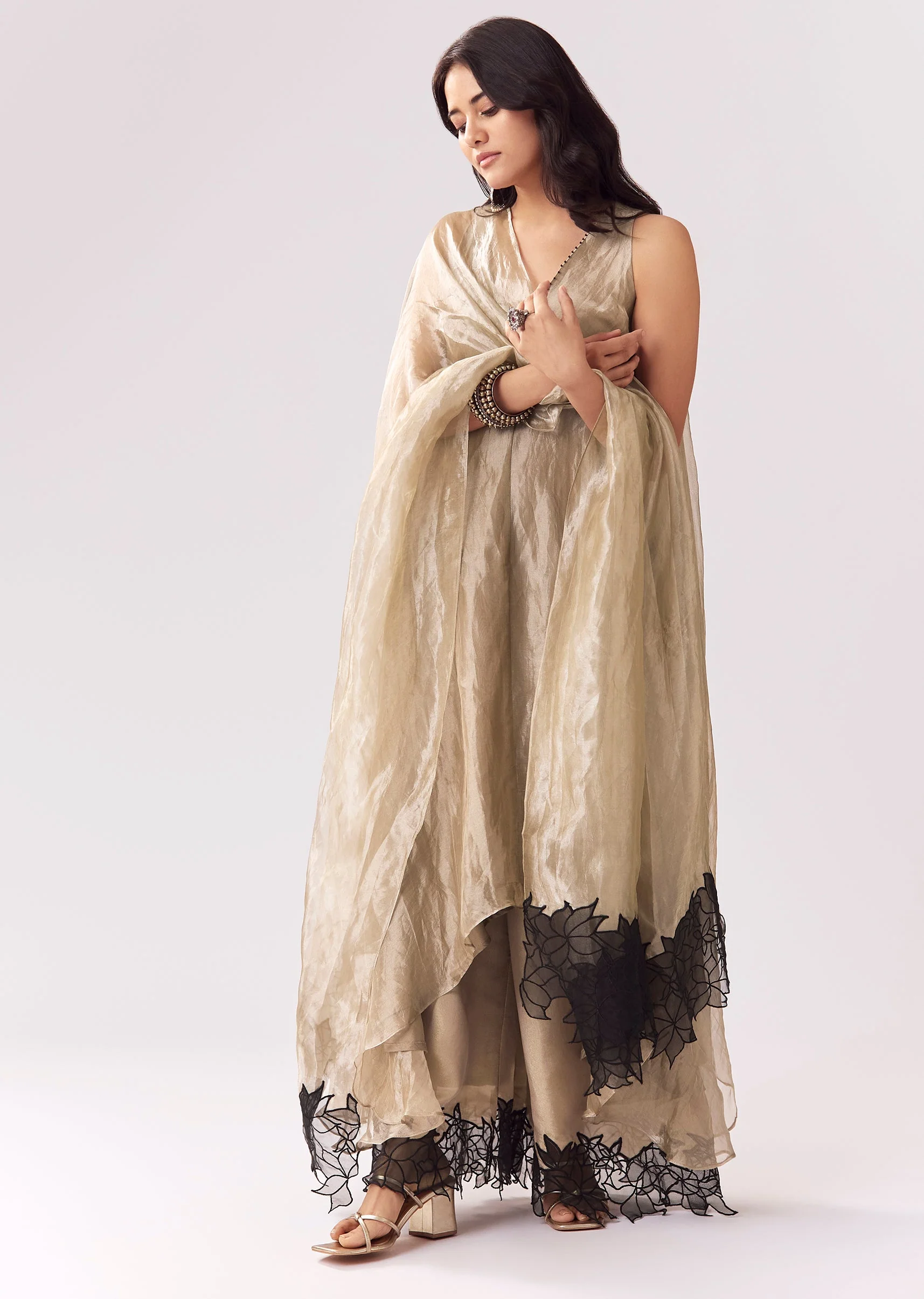 Beige Tissue Anarkali With Patchwork Detailing