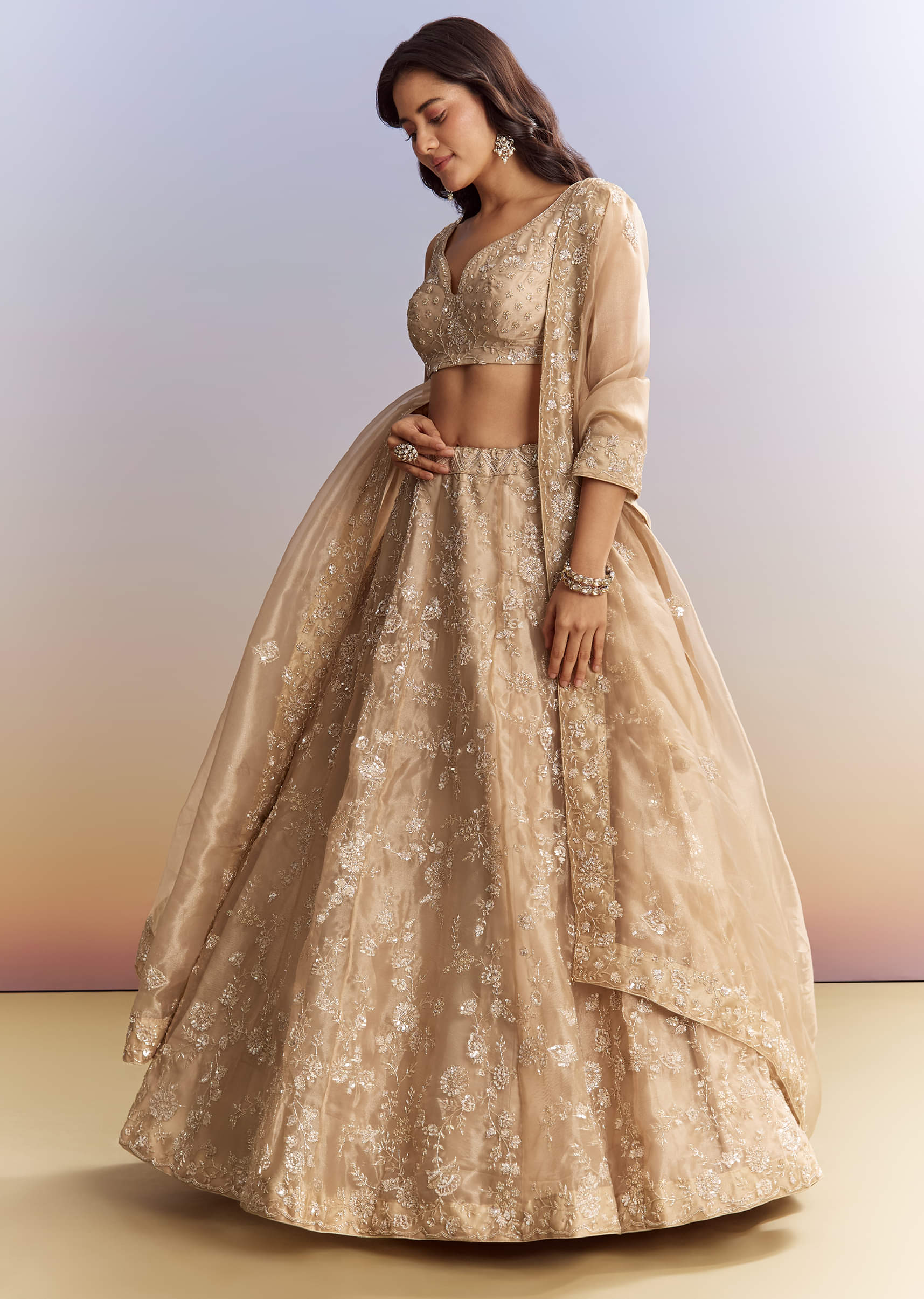 Beige Tissue Bridesmaid Lehenga With Heavy Embroidery - Image 4
