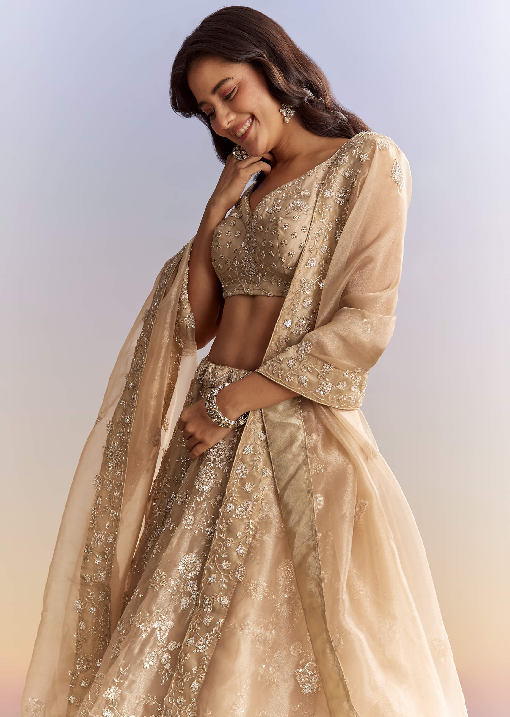 Beige Tissue Bridesmaid Lehenga With Heavy Embroidery - Image 5
