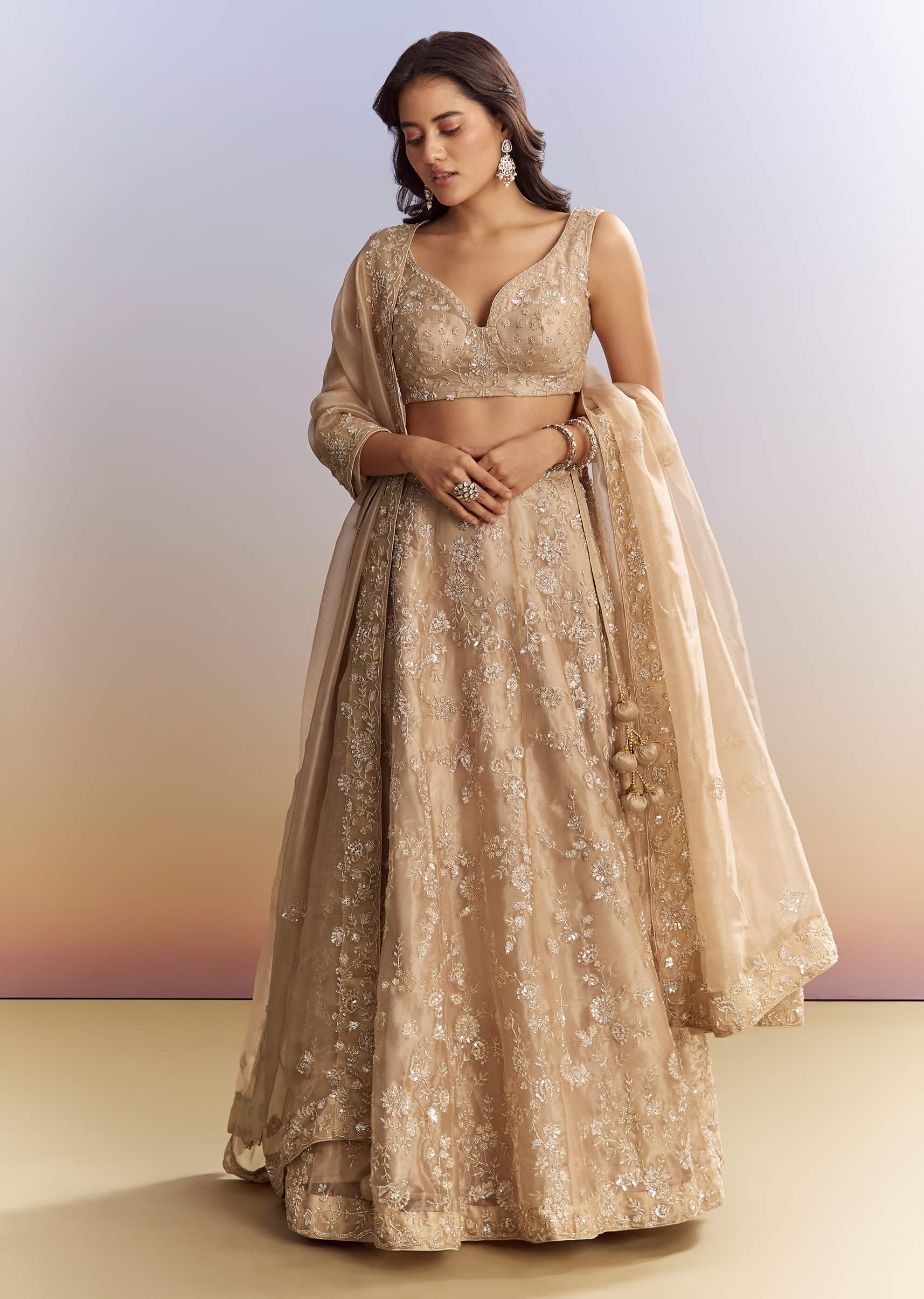 Beige Tissue Bridesmaid Lehenga With Heavy Embroidery - Image 6