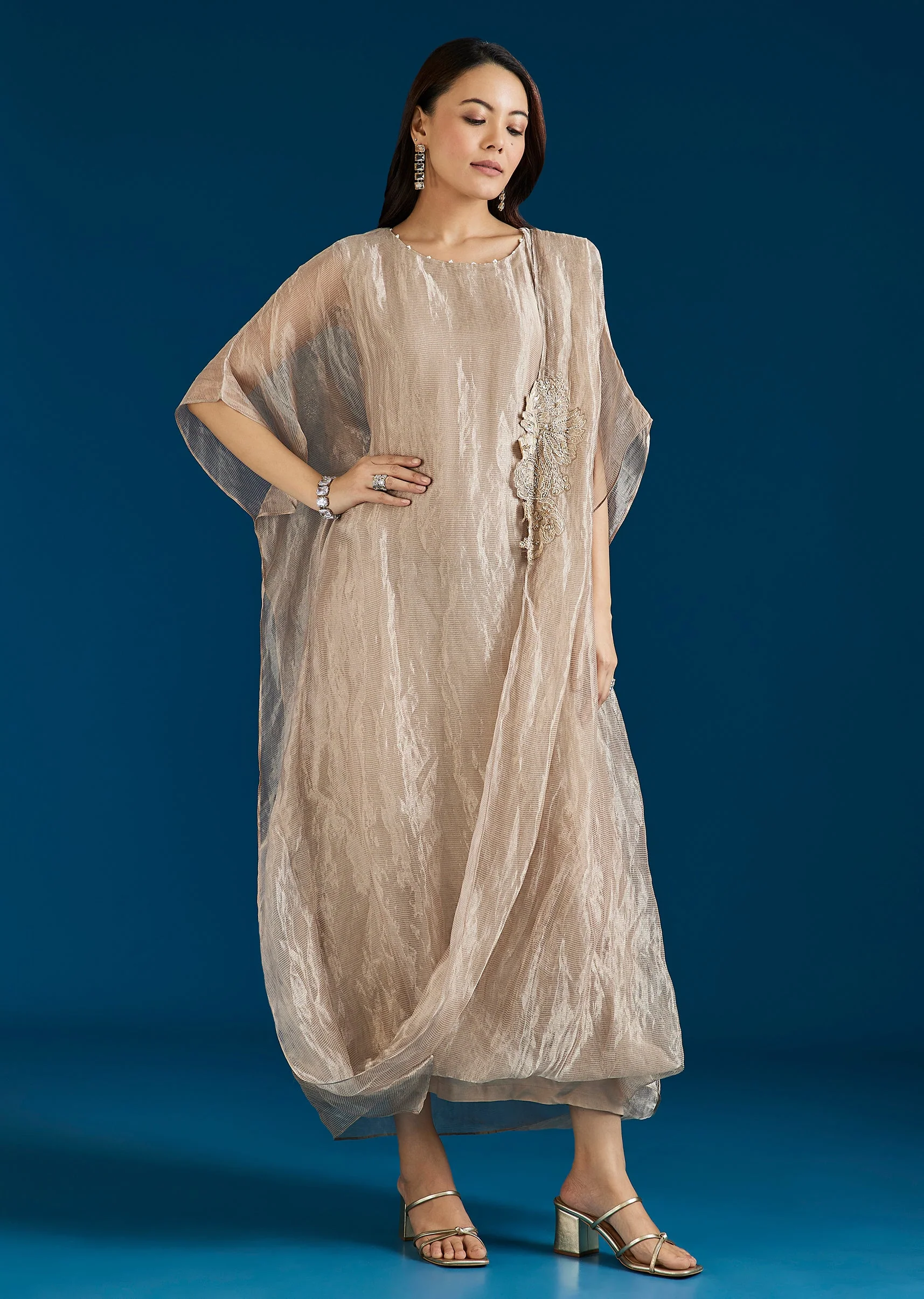 Beige Tissue Drape Indo Western Gown - Image 3