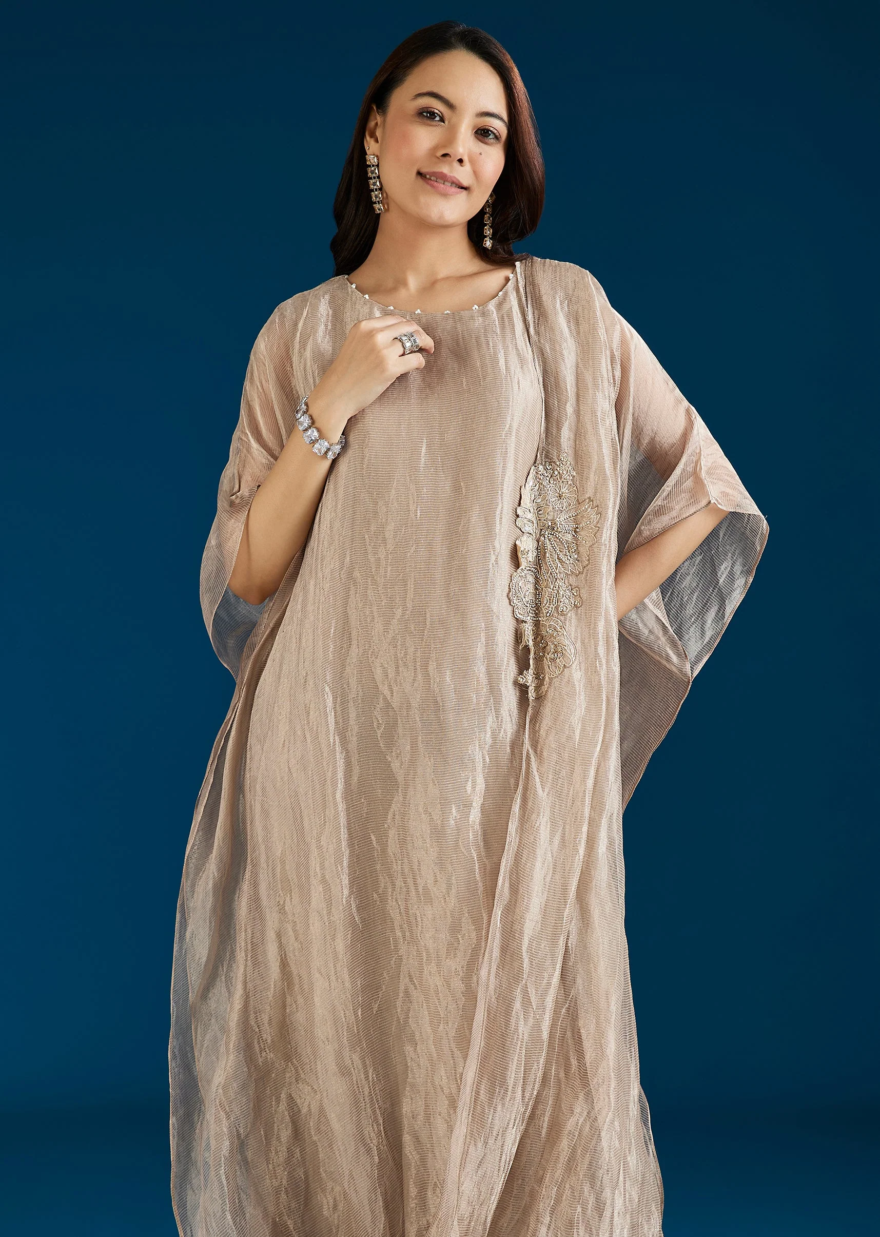 Beige Tissue Drape Indo Western Gown - Image 4