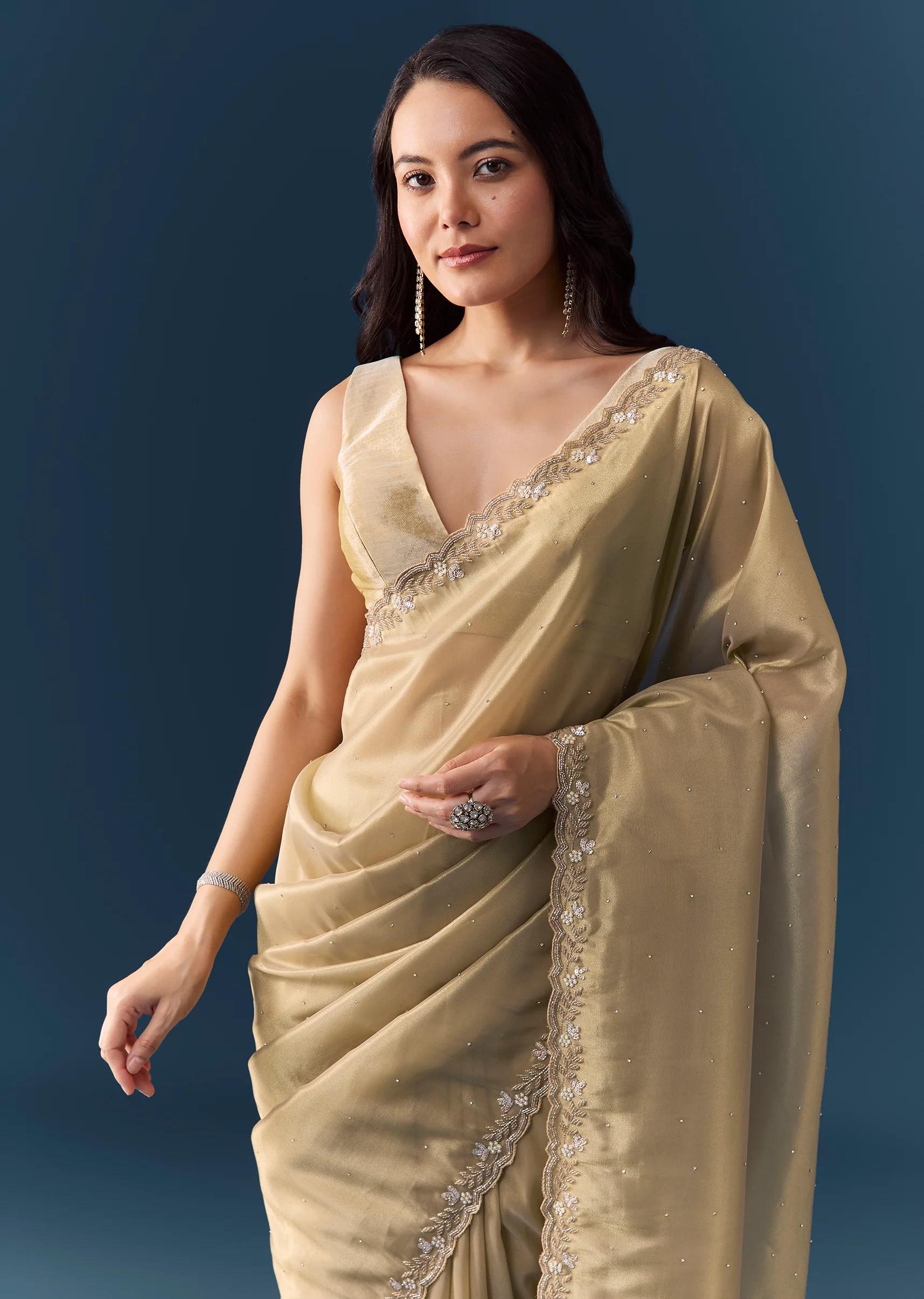 Beige Tissue Embellished Saree with Unstitched Blouse - Image 4