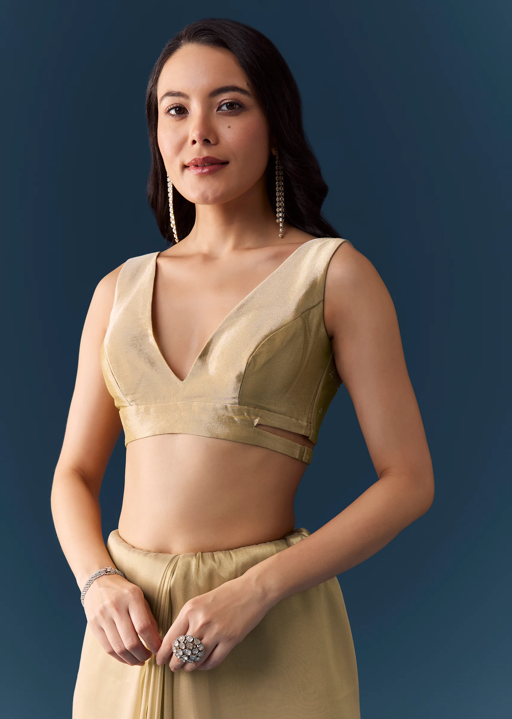 Beige Tissue Embellished Saree with Unstitched Blouse - Image 7