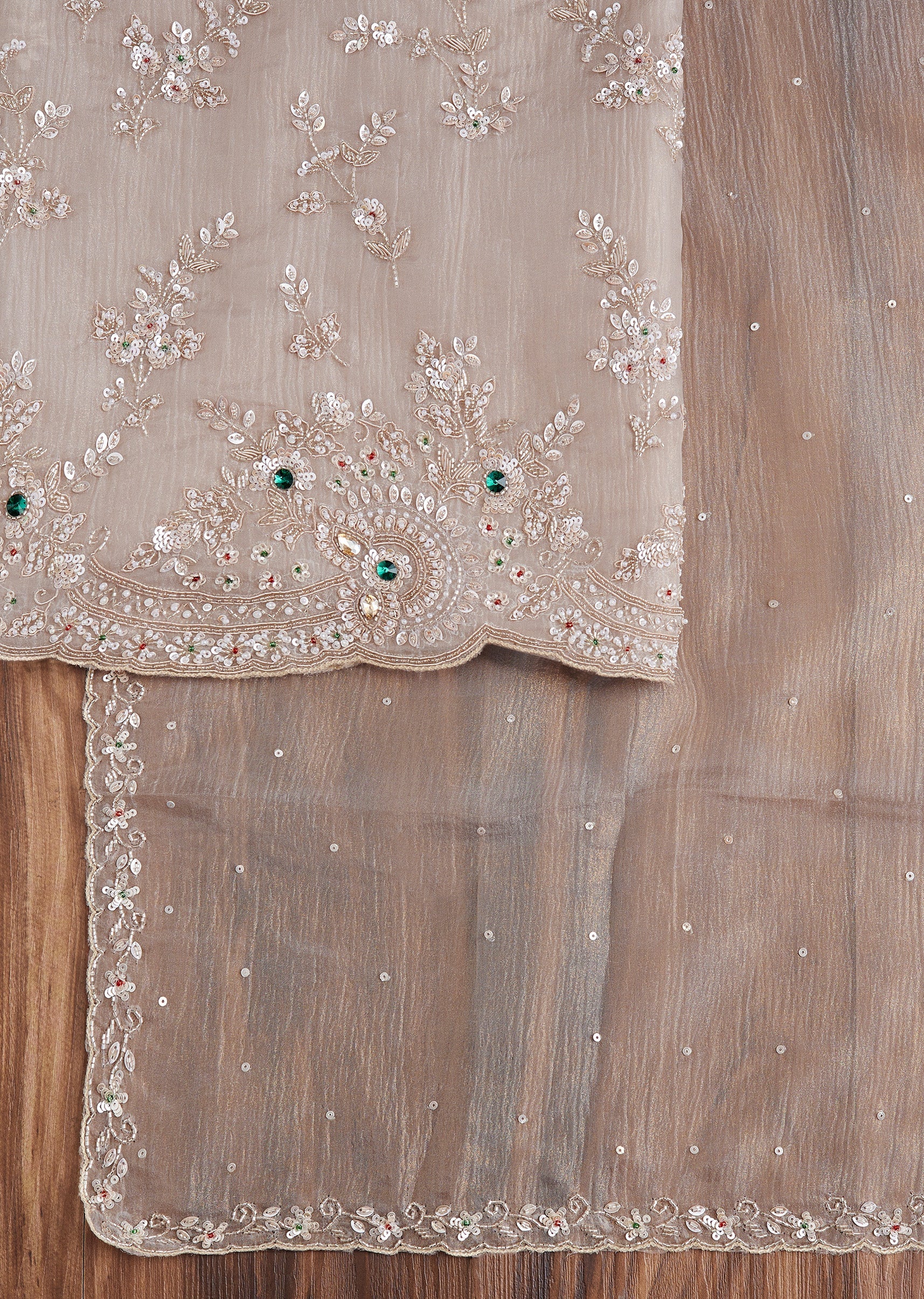 Beige Tissue Embroidered Dress Material Suit - Image 3