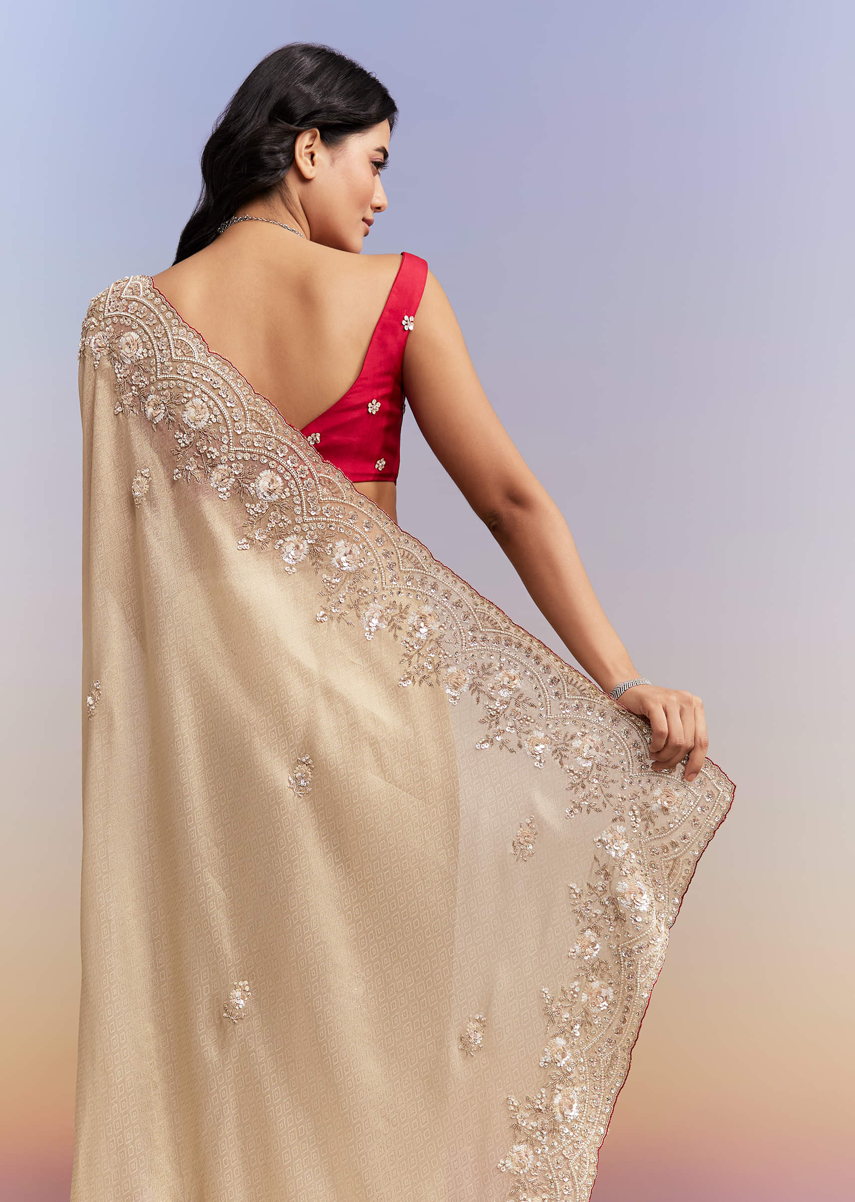 Beige Tissue Jacquard Saree With Heavy Hand Work - Image 6
