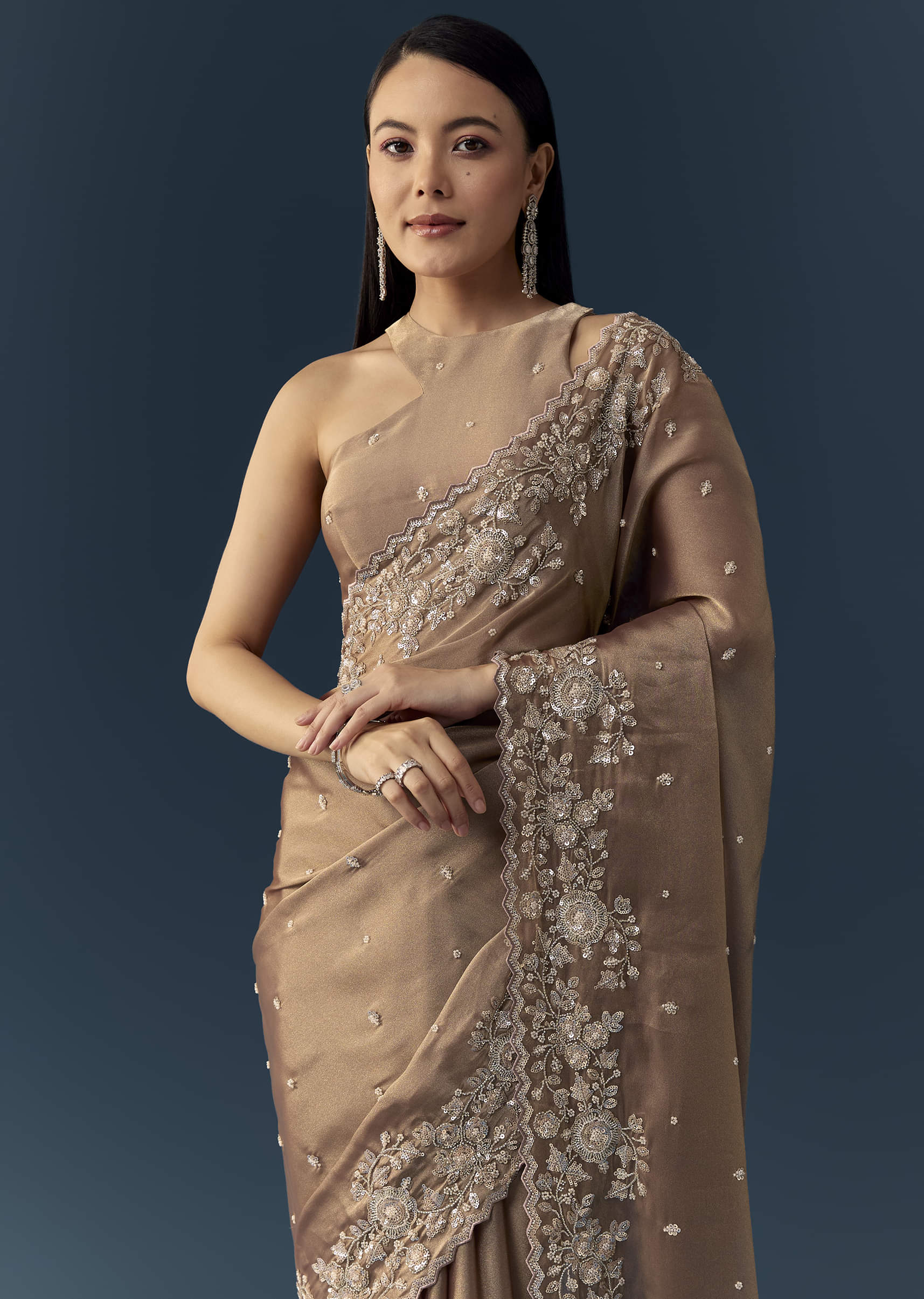 Beige Tissue Organza Cutdana Work Saree with Unstitched Blouse - Image 5