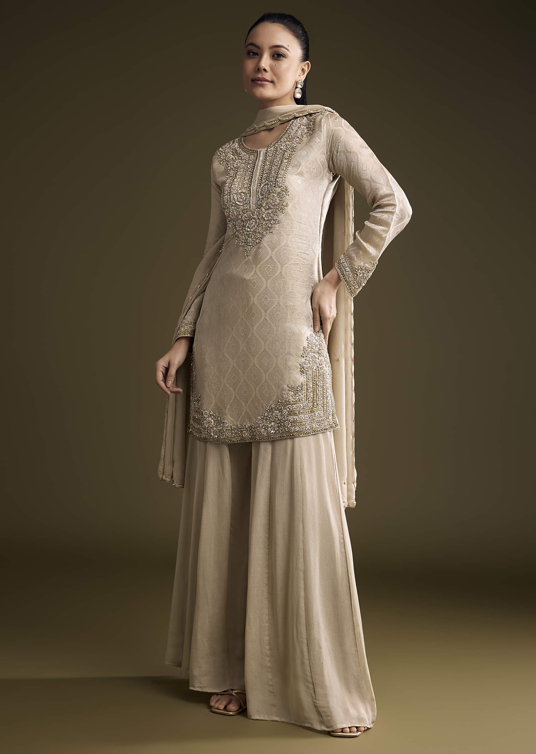 Beige Tissue Palazzo Suit With Banarasi Weave And Sequins Embroidery - Image 3