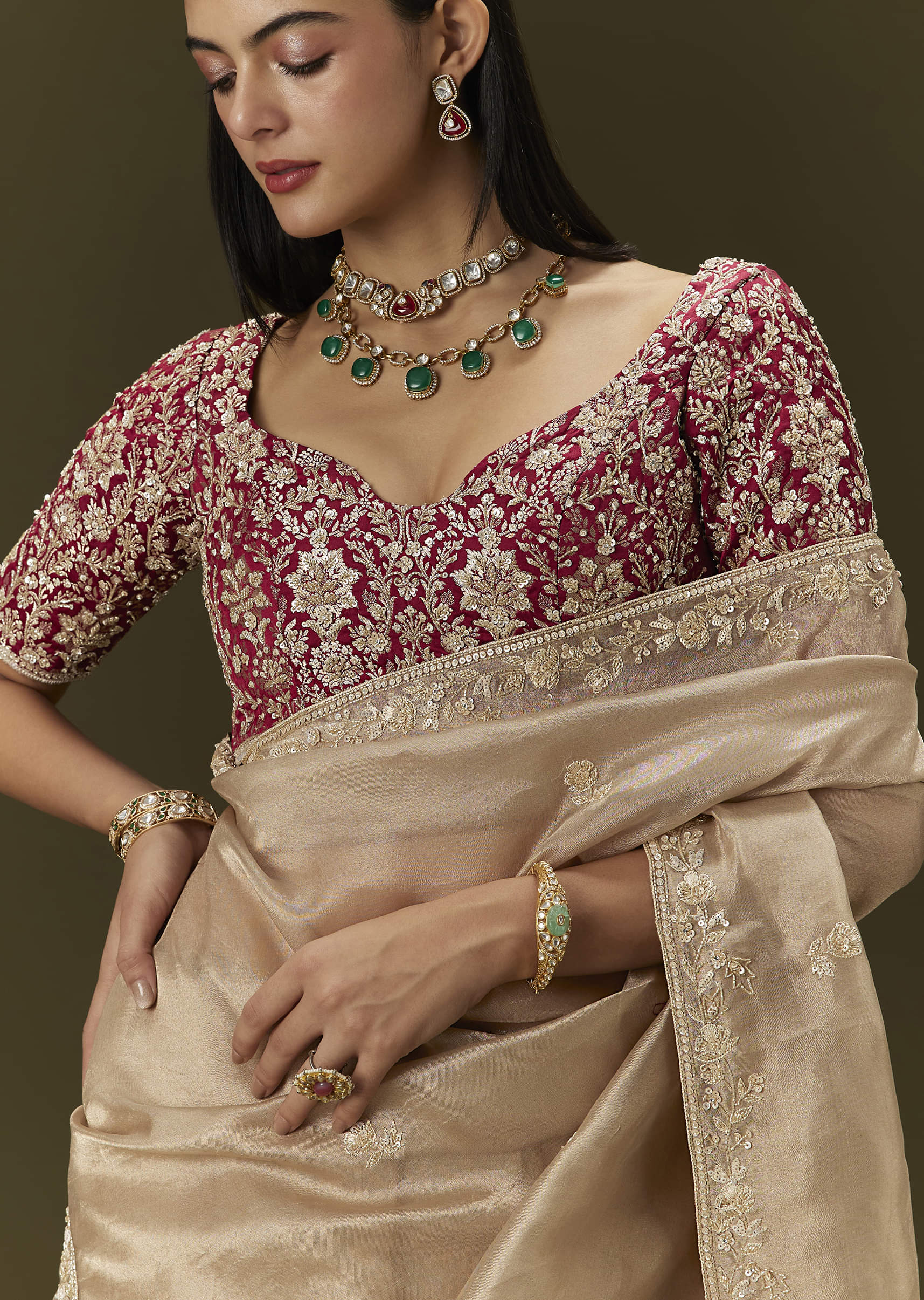 Beige Tissue Saree With Embroidered Brocade Blouse - Image 3