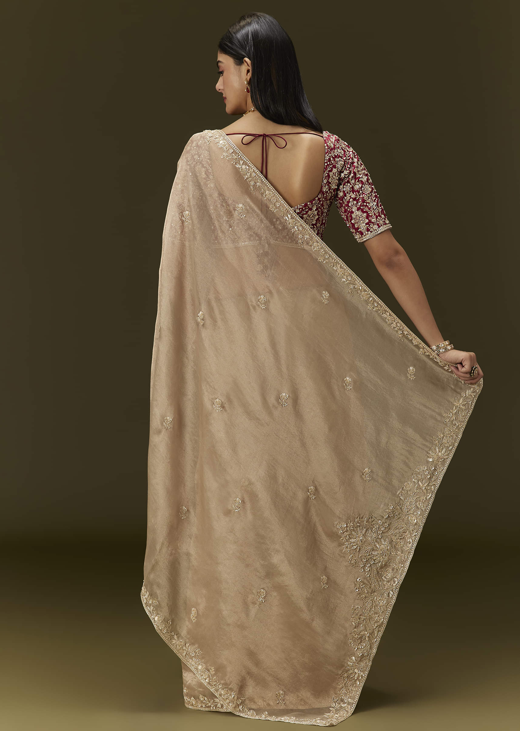 Beige Tissue Saree With Embroidered Brocade Blouse - Image 4