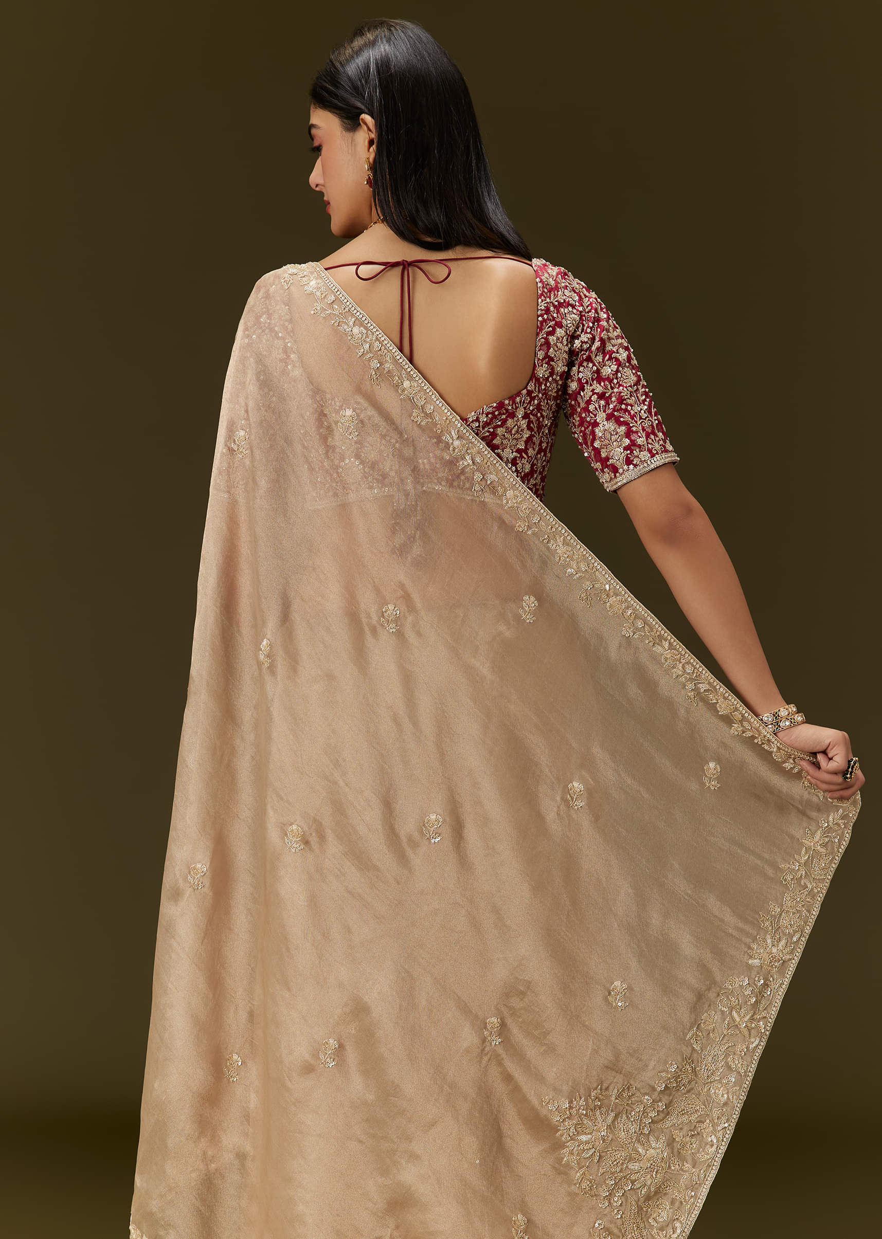 Beige Tissue Saree With Embroidered Brocade Blouse - Image 6