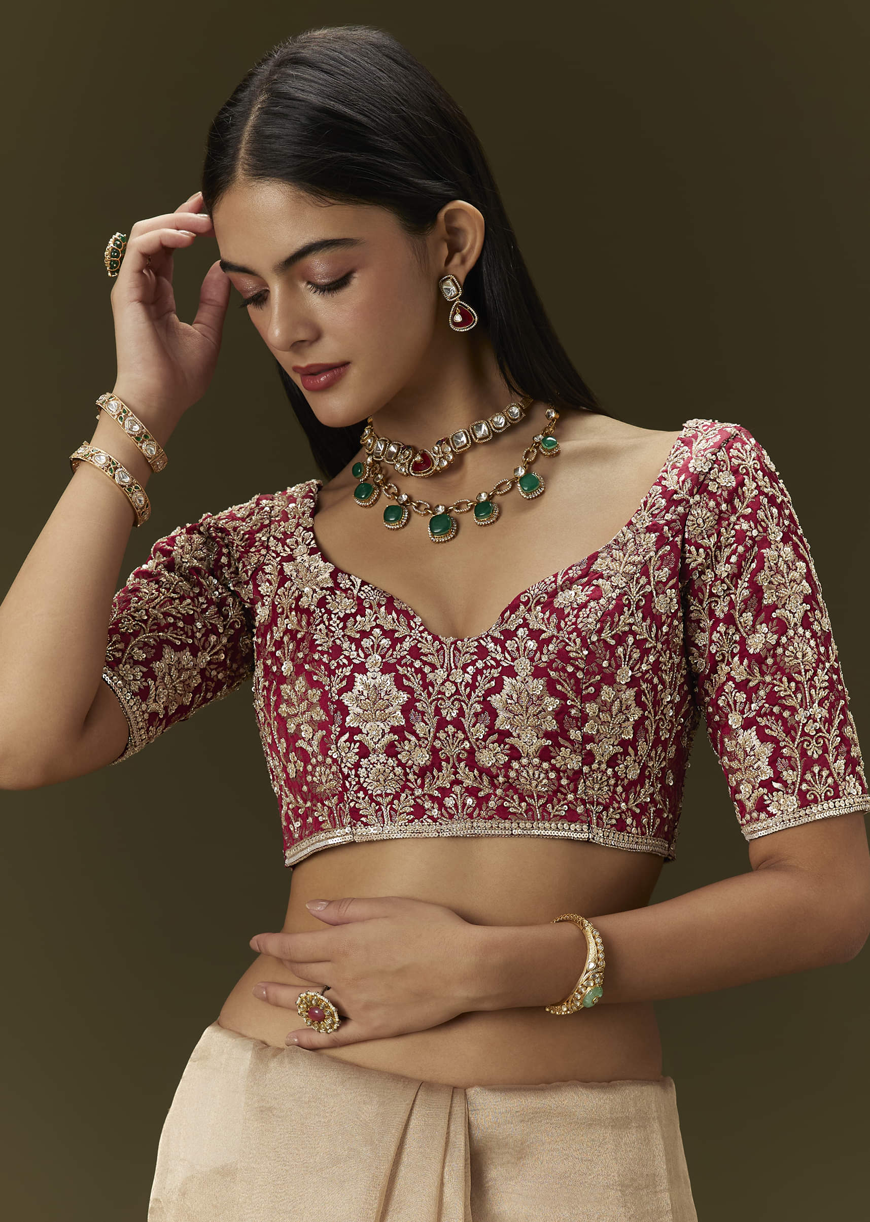 Beige Tissue Saree With Embroidered Brocade Blouse - Image 7