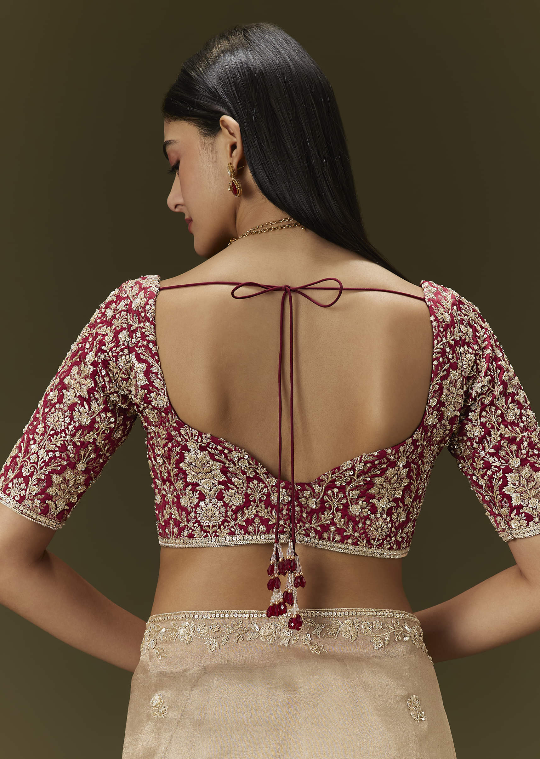 Beige Tissue Saree With Embroidered Brocade Blouse - Image 8