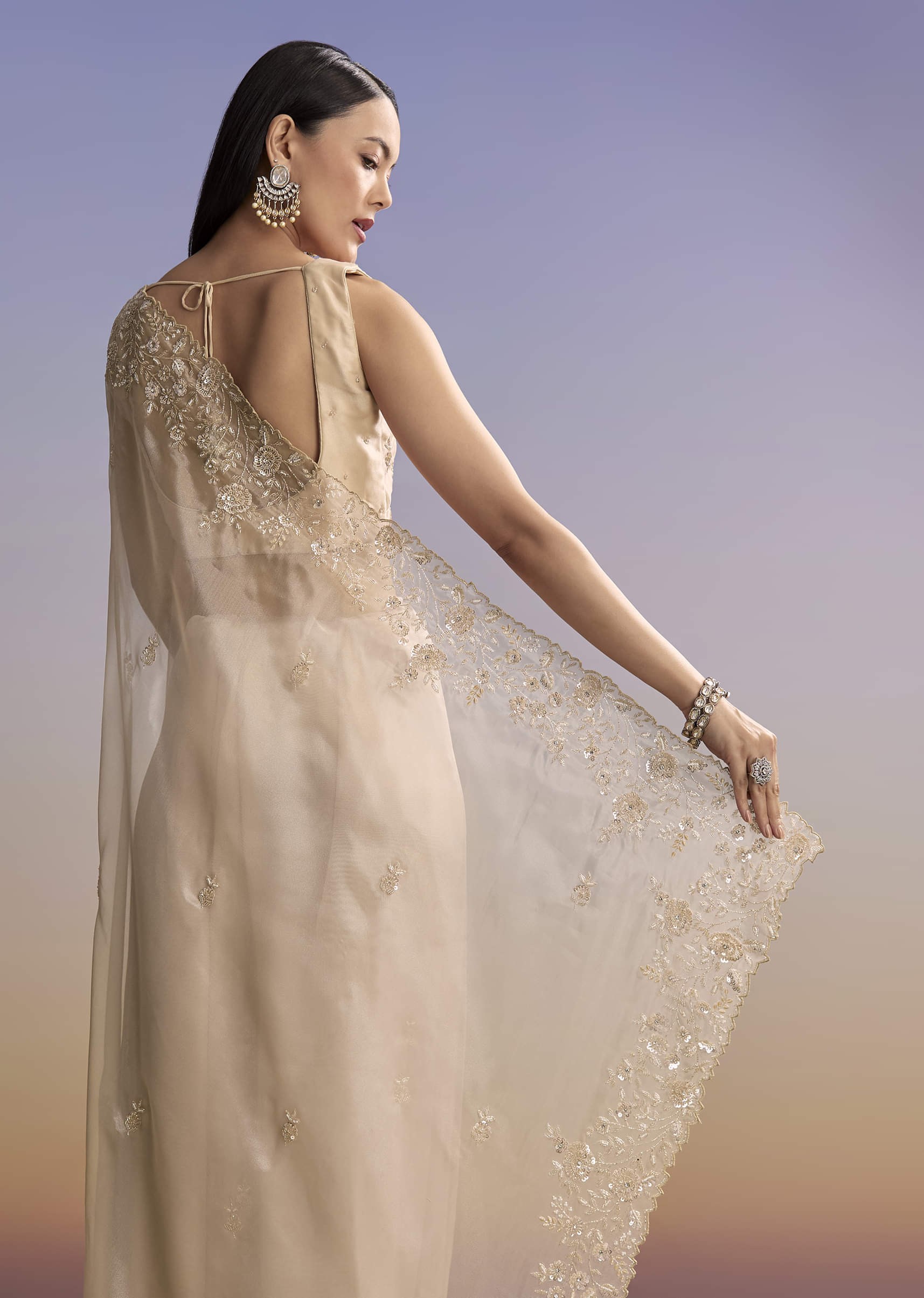 Beige Tissue Saree With Floral Embroidery And Beadwork - Image 6