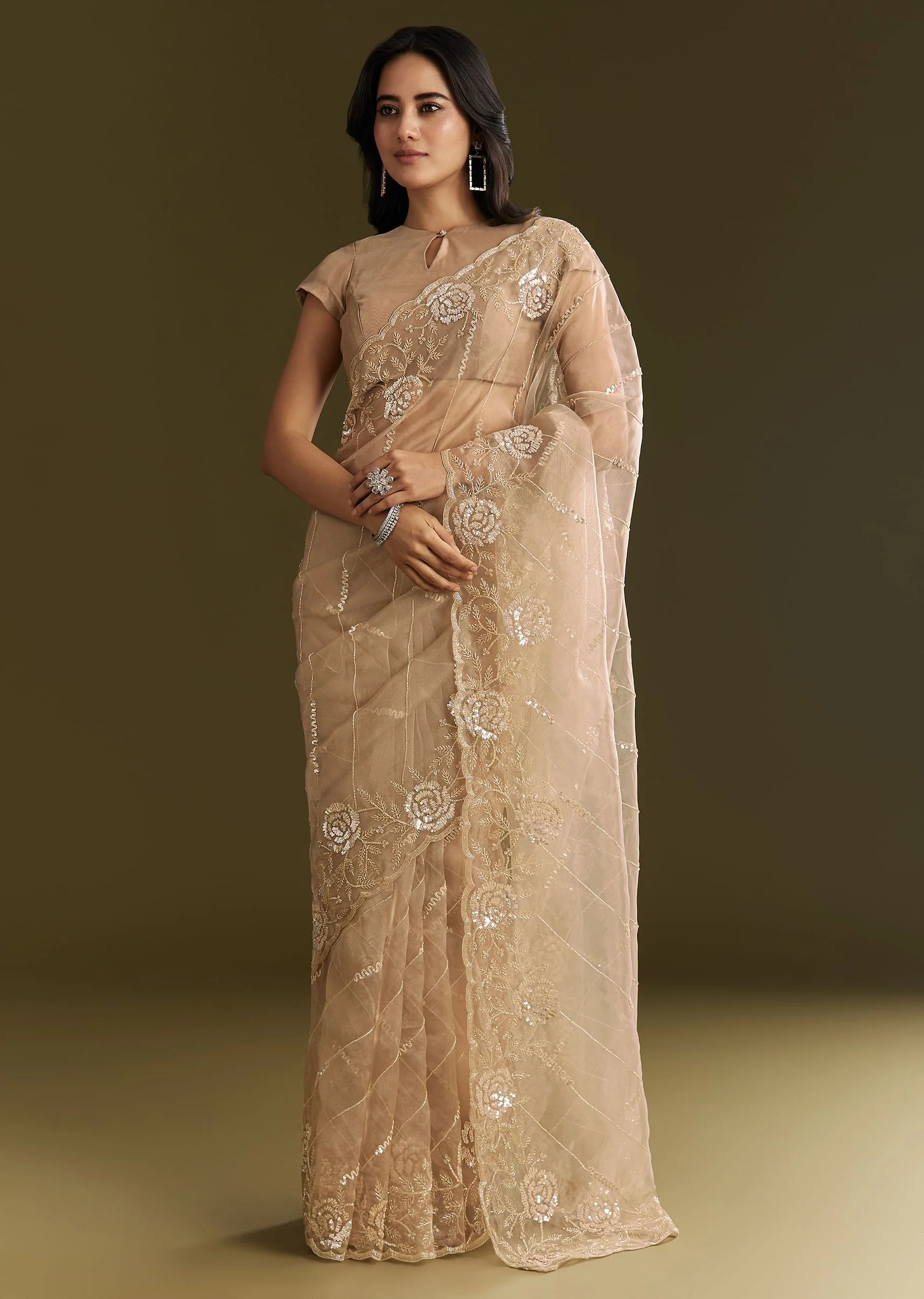 Beige Tissue Saree With Floral Embroidery And Scallop Border - Image 3
