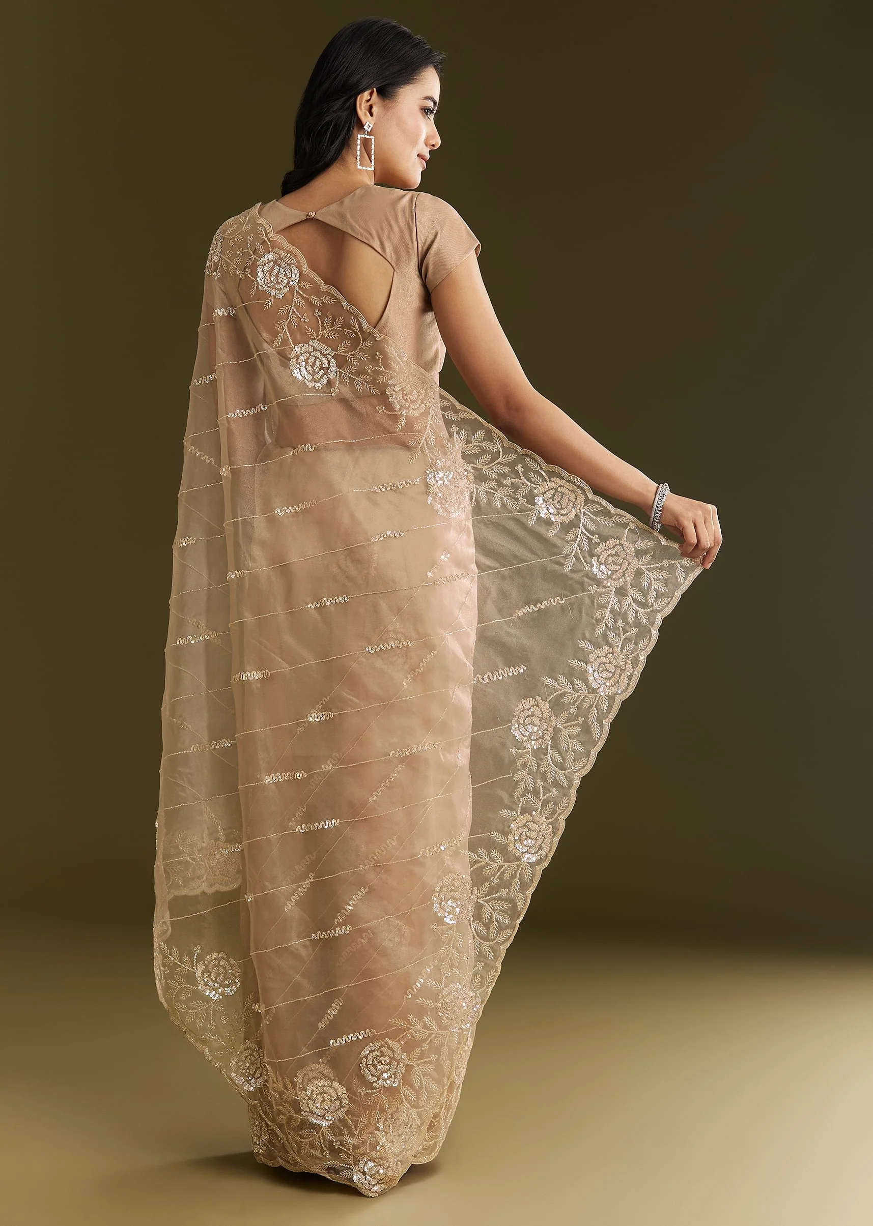 Beige Tissue Saree With Floral Embroidery And Scallop Border - Image 6
