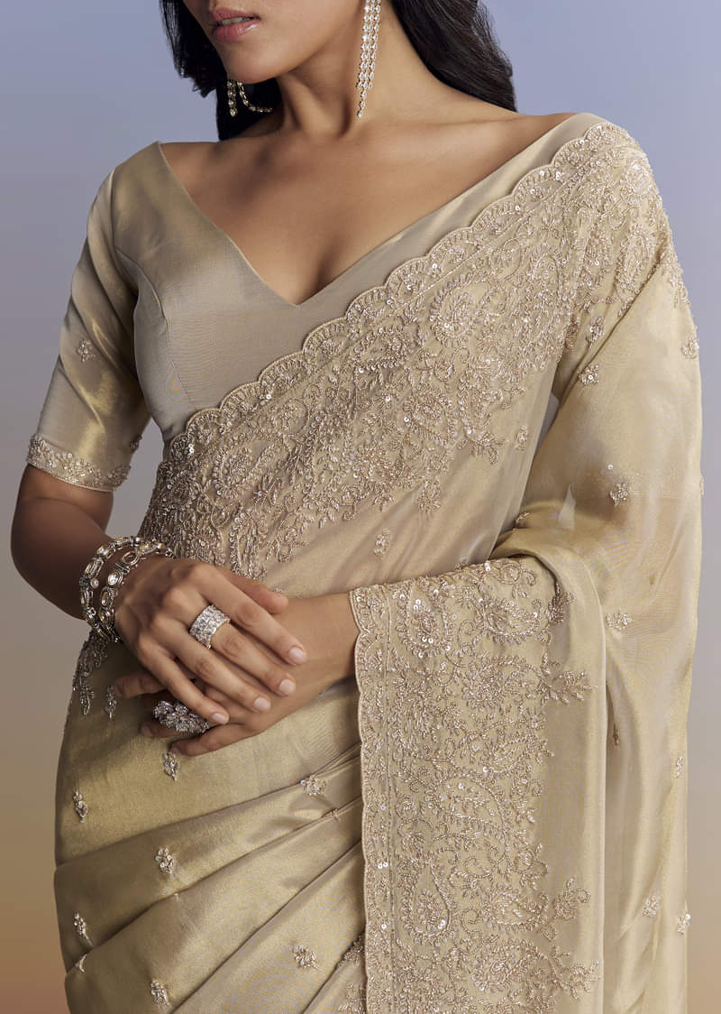 Beige Tissue Saree With Hand Embroidery With Cutdana And Sequins - Image 2