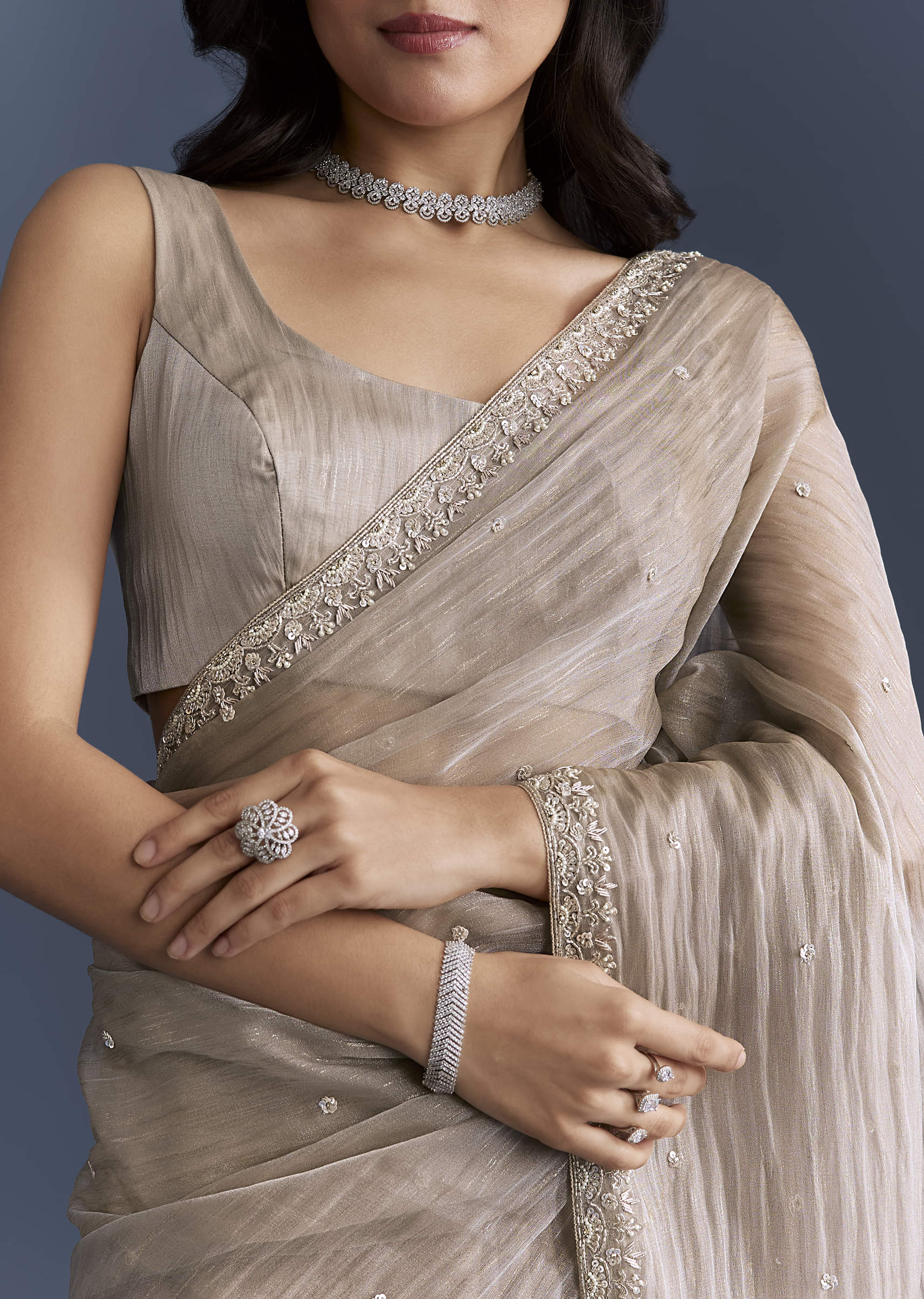 Beige Tissue Saree With Heavy Hand Embroidery - Image 2