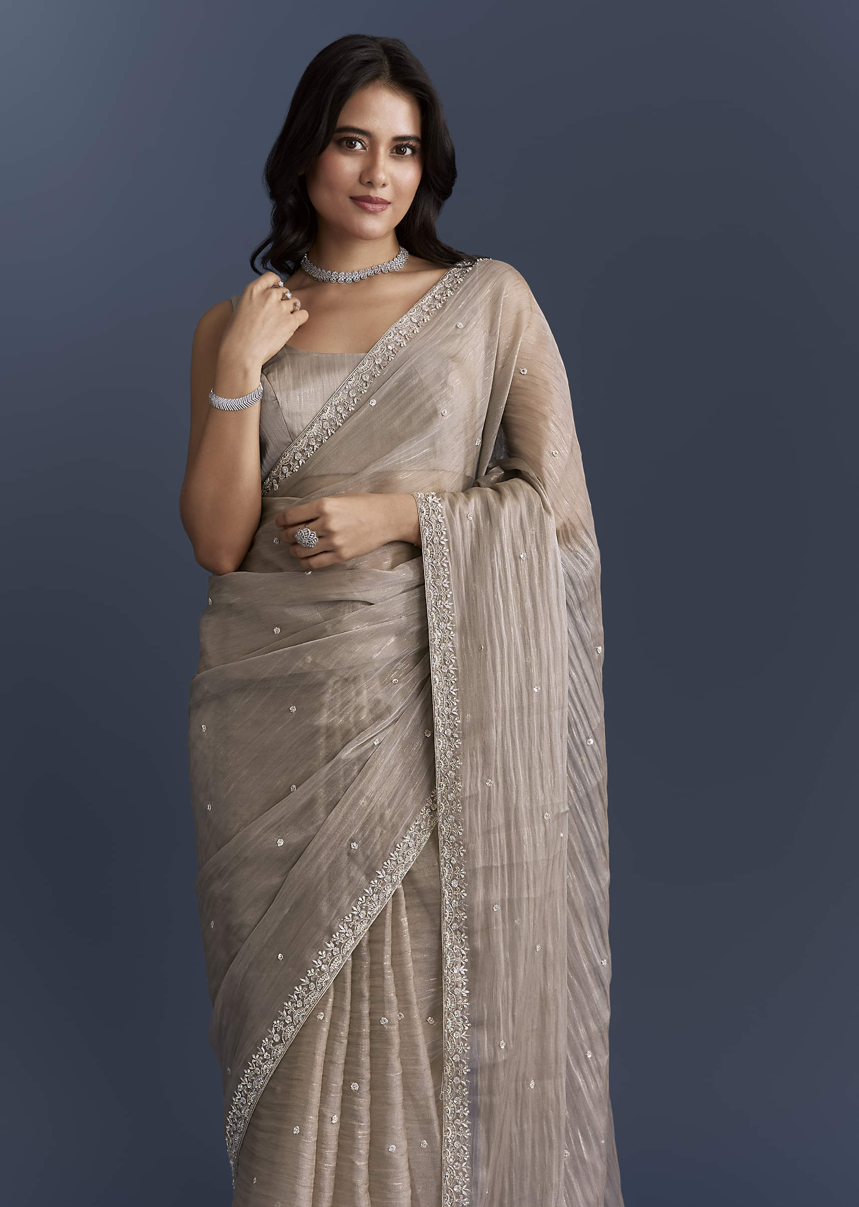 Beige Tissue Saree With Heavy Hand Embroidery - Image 5