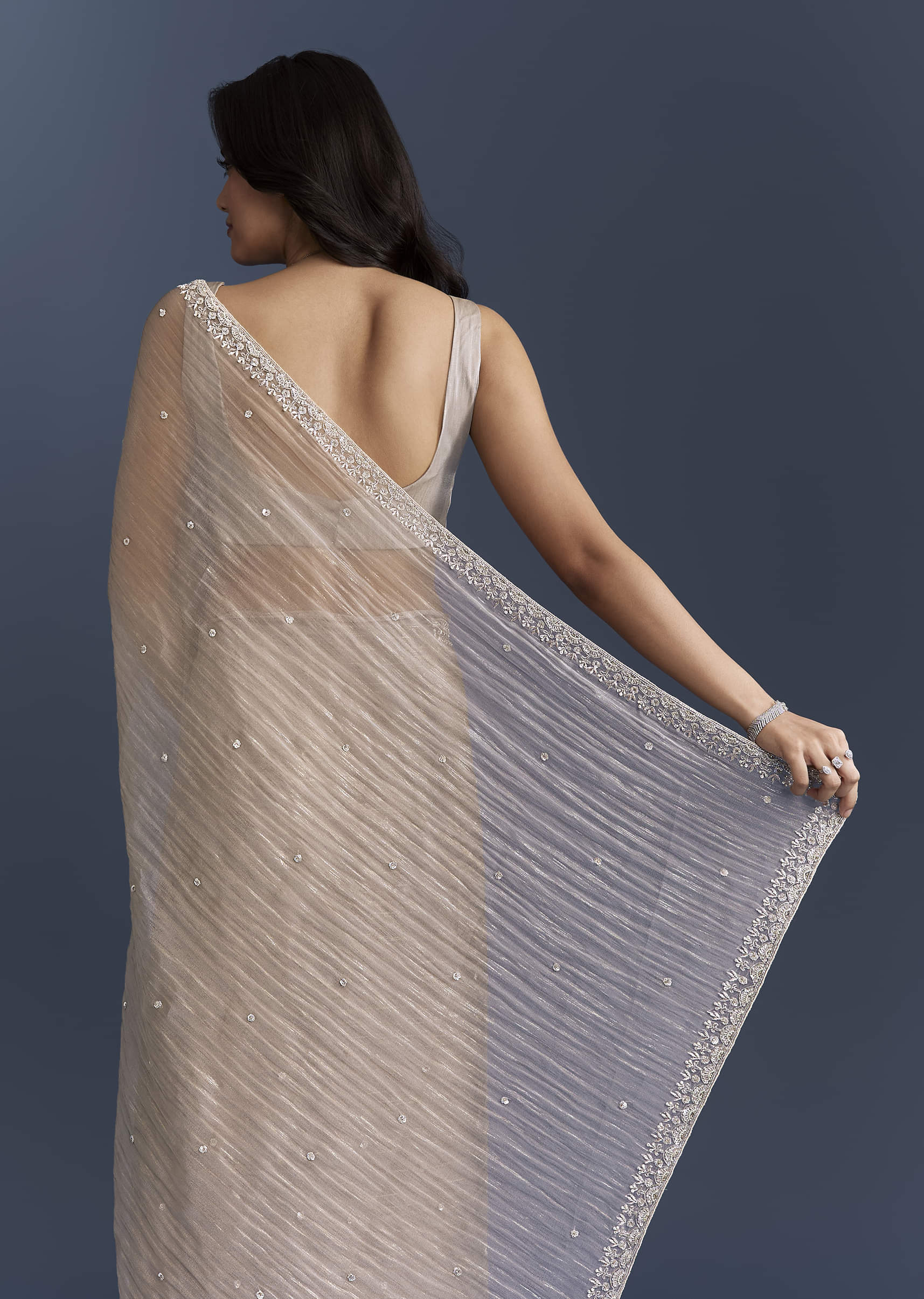 Beige Tissue Saree With Heavy Hand Embroidery - Image 6