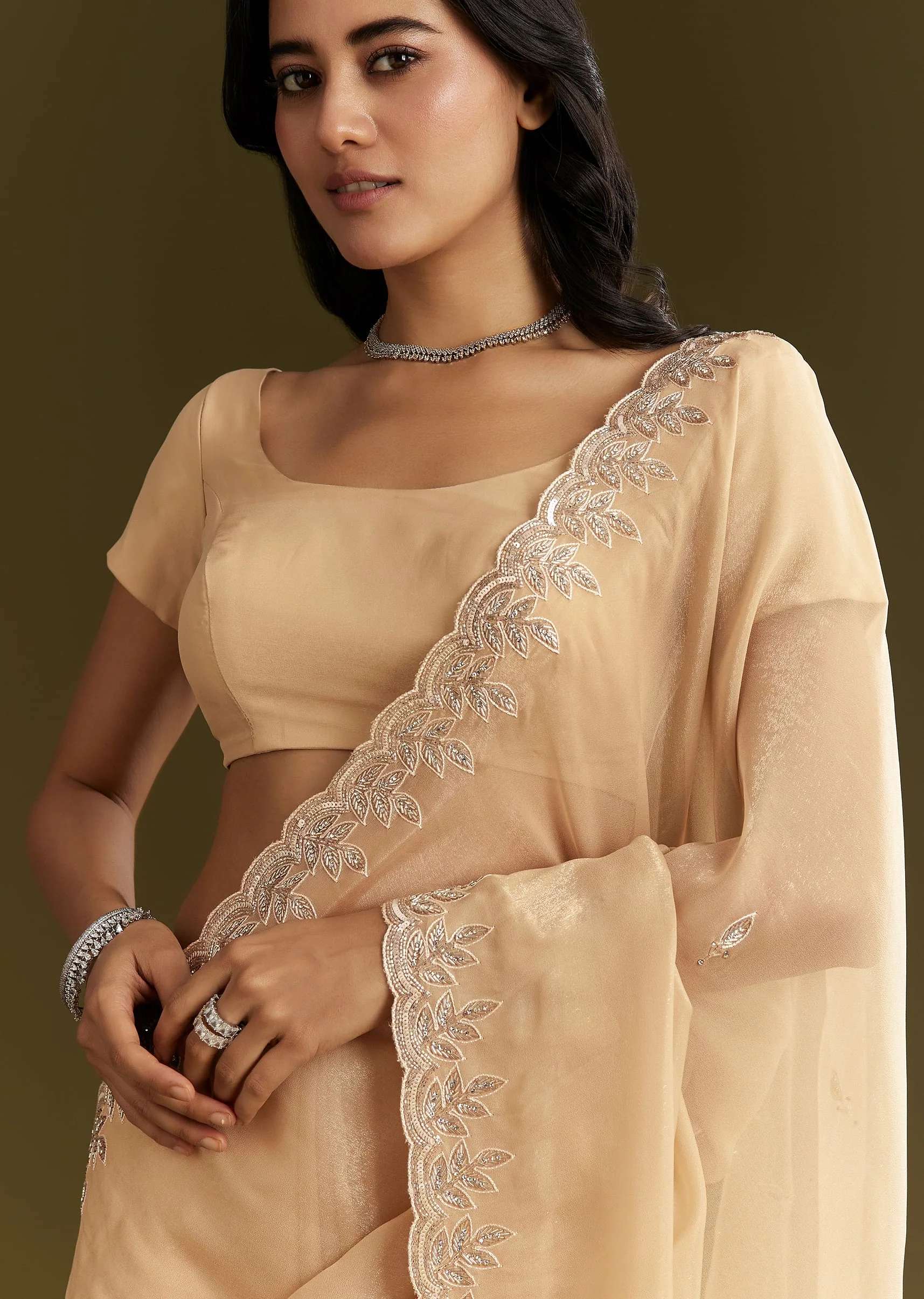 Beige Tissue Saree With Leaf Motif Embroidery In Sequins And Cutdana - Image 2