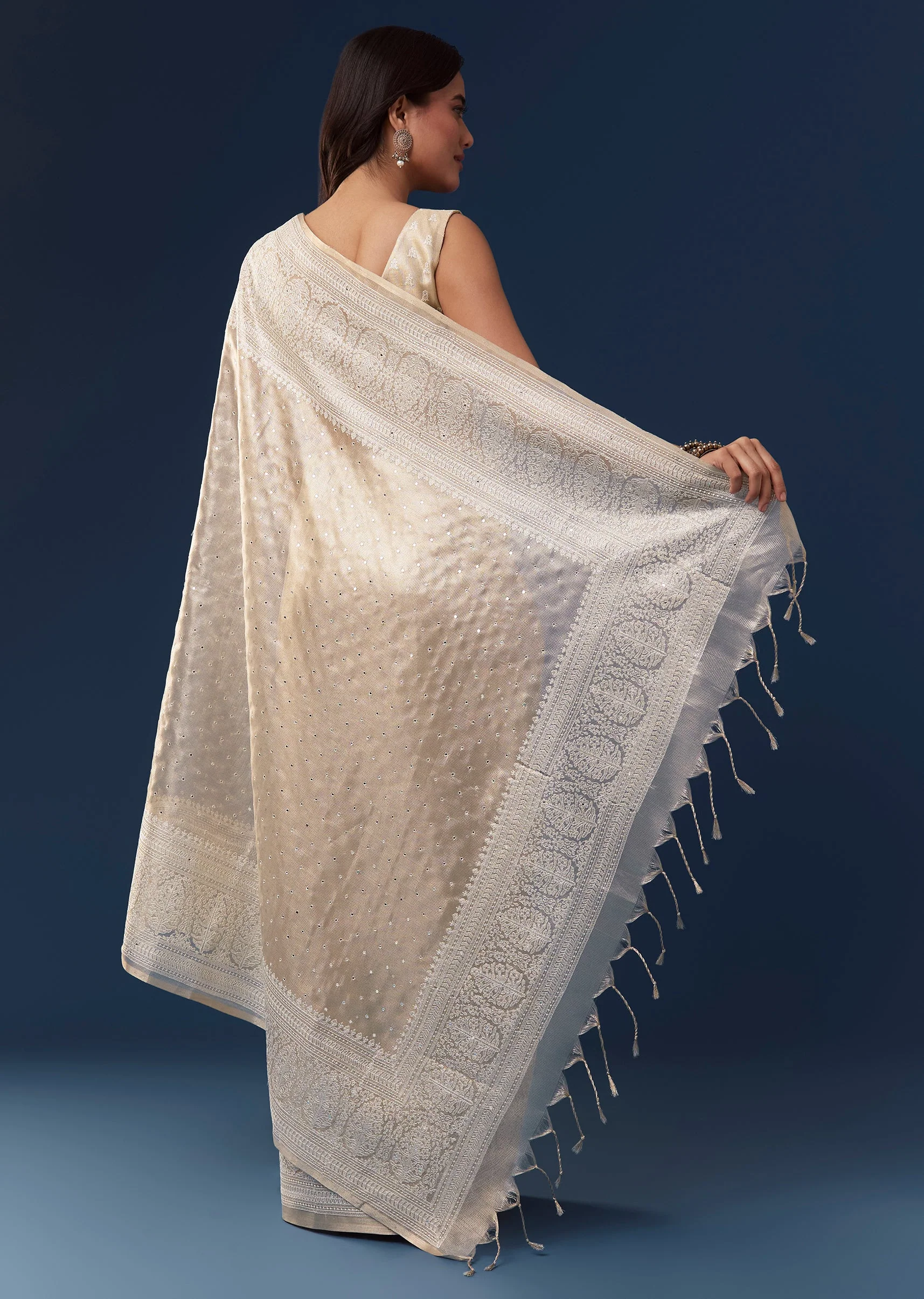 Beige Tissue Saree With Resham Thread Border And Mirror Work - Image 4