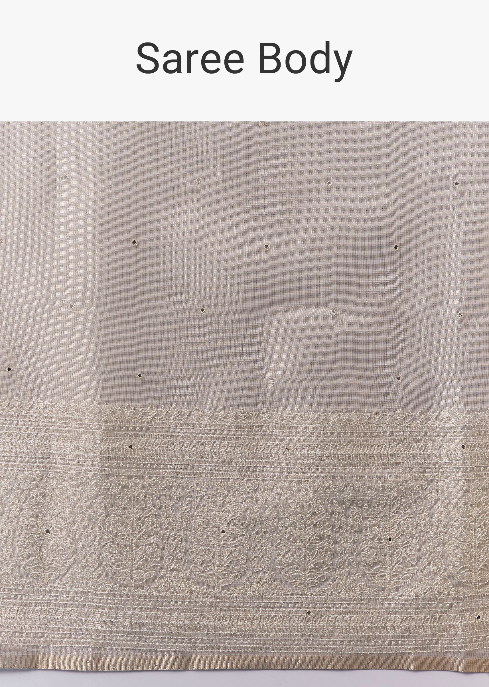 Beige Tissue Saree With Resham Thread Border And Mirror Work - Image 9