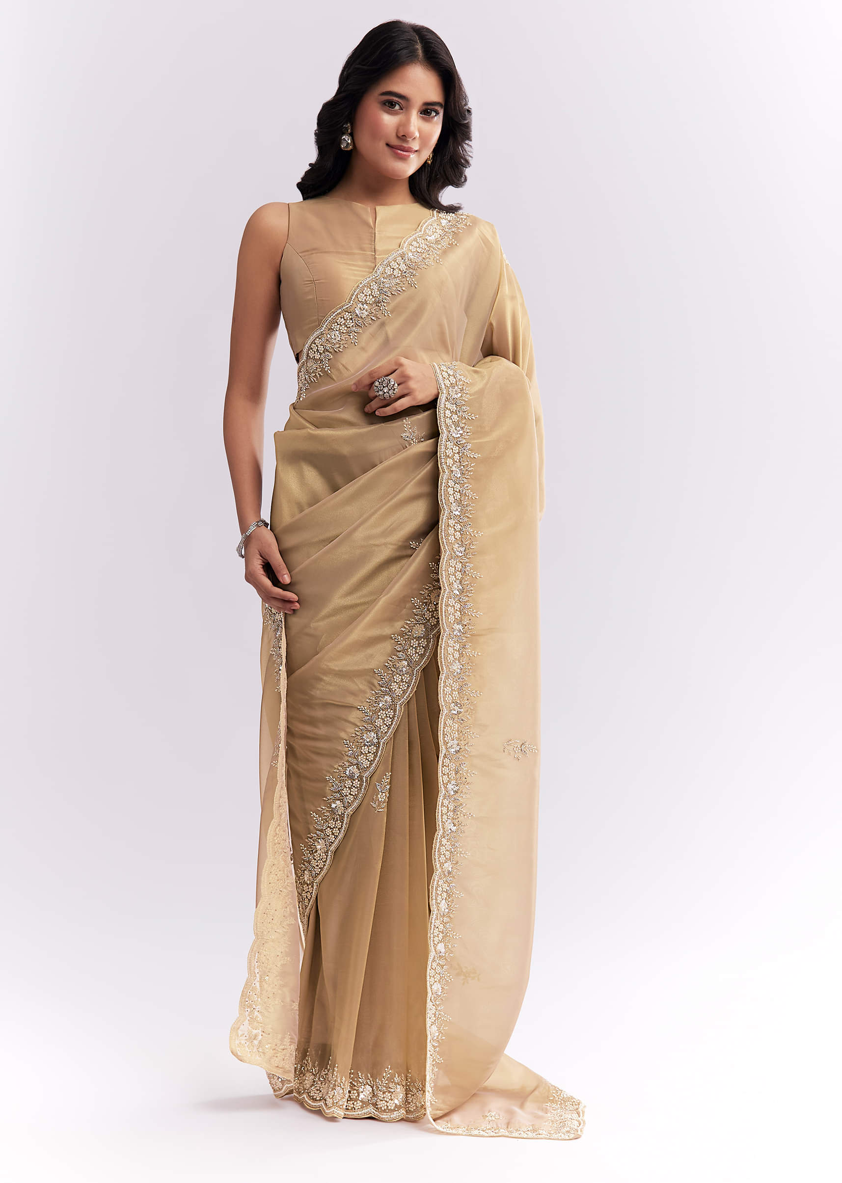 Beige Tissue Silk Saree With Heavy Hand Embroidery - Image 3