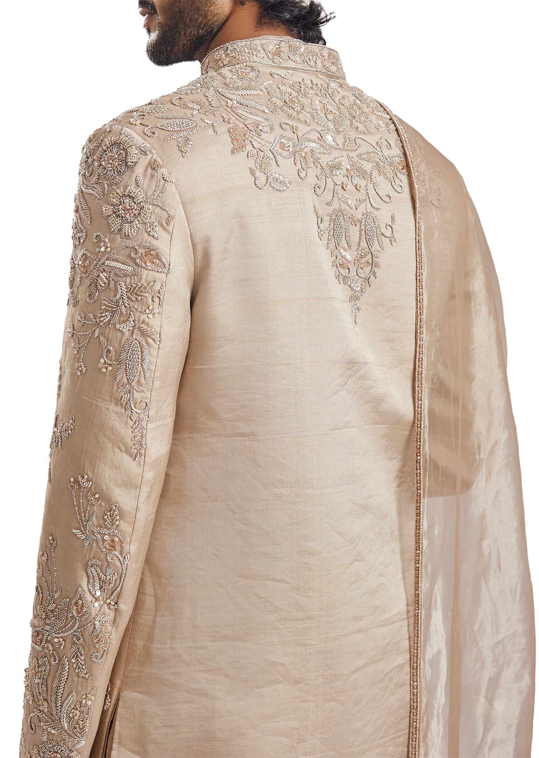 Beige Tussar Intricately Embroidered Sherwani - Image 4