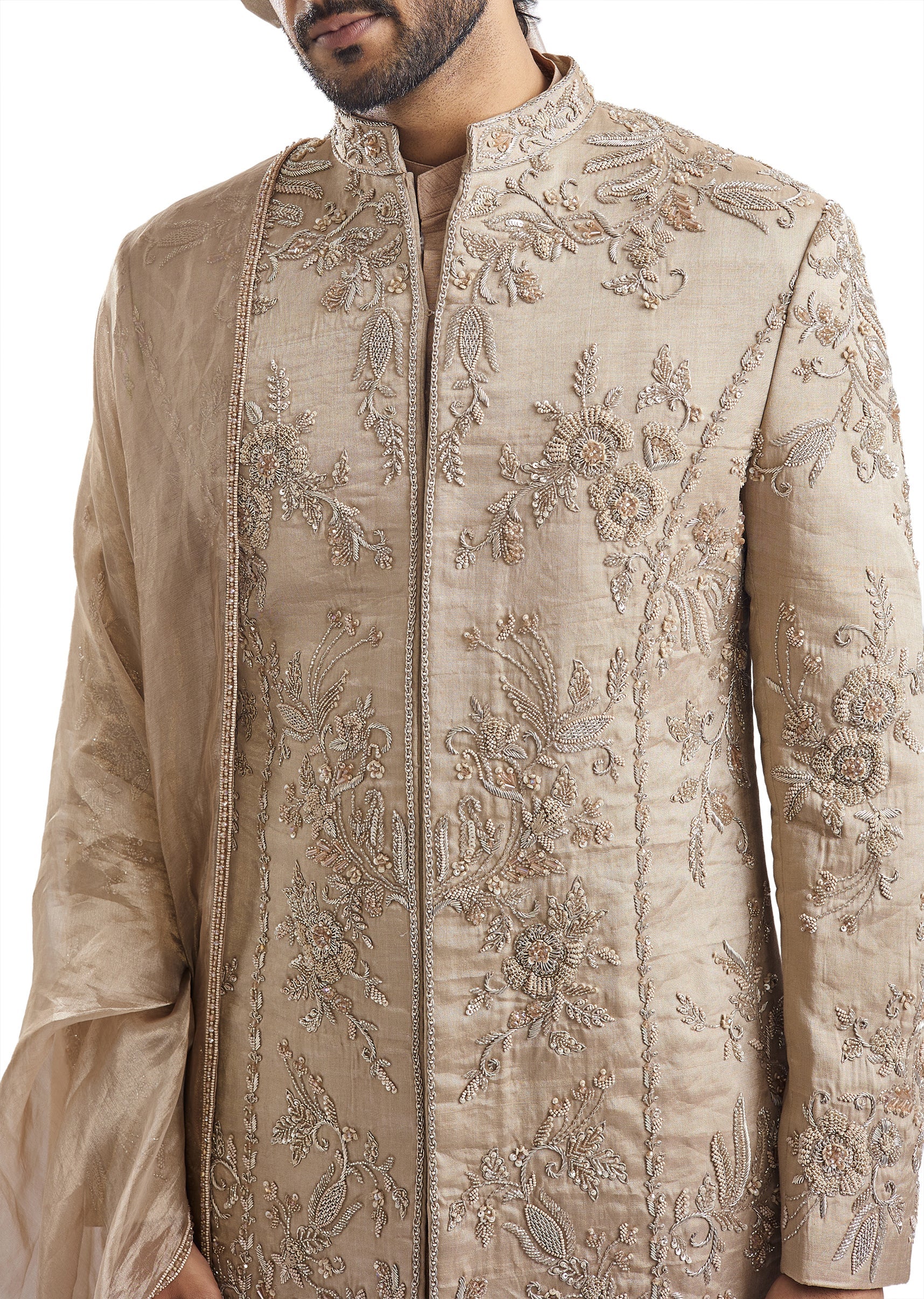 Beige Tussar Intricately Embroidered Sherwani - Image 5