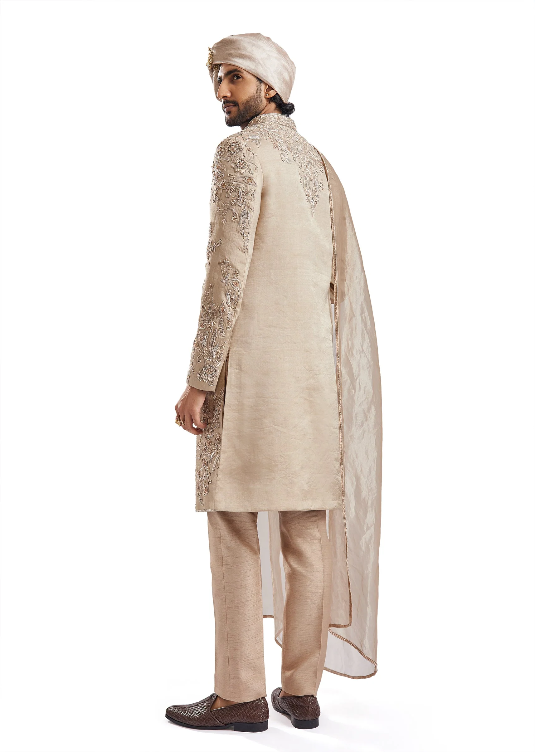 Beige Tussar Intricately Embroidered Sherwani - Image 6