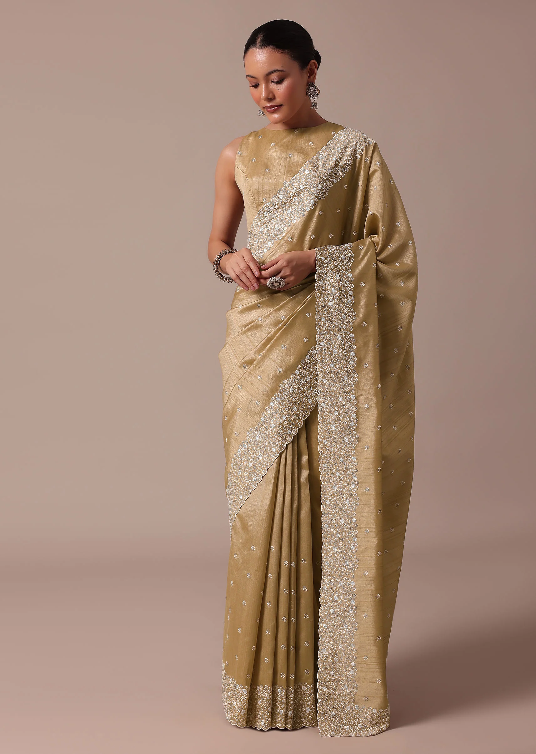 Beige Tussar Saree With Unstitched Blouse - Image 3