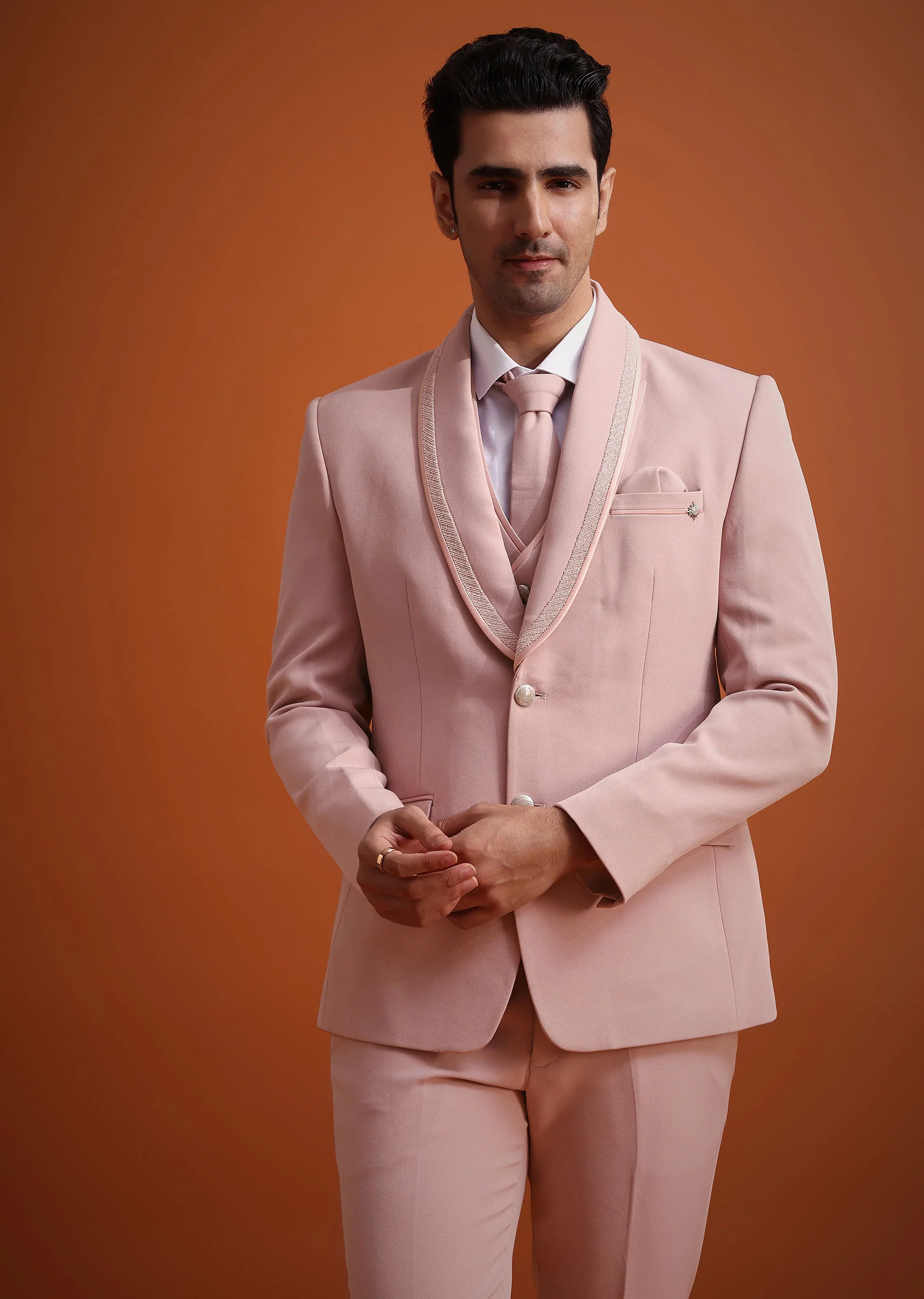 Beige Tuxedo And Pant Set With Cutdana Embellishments - Image 4