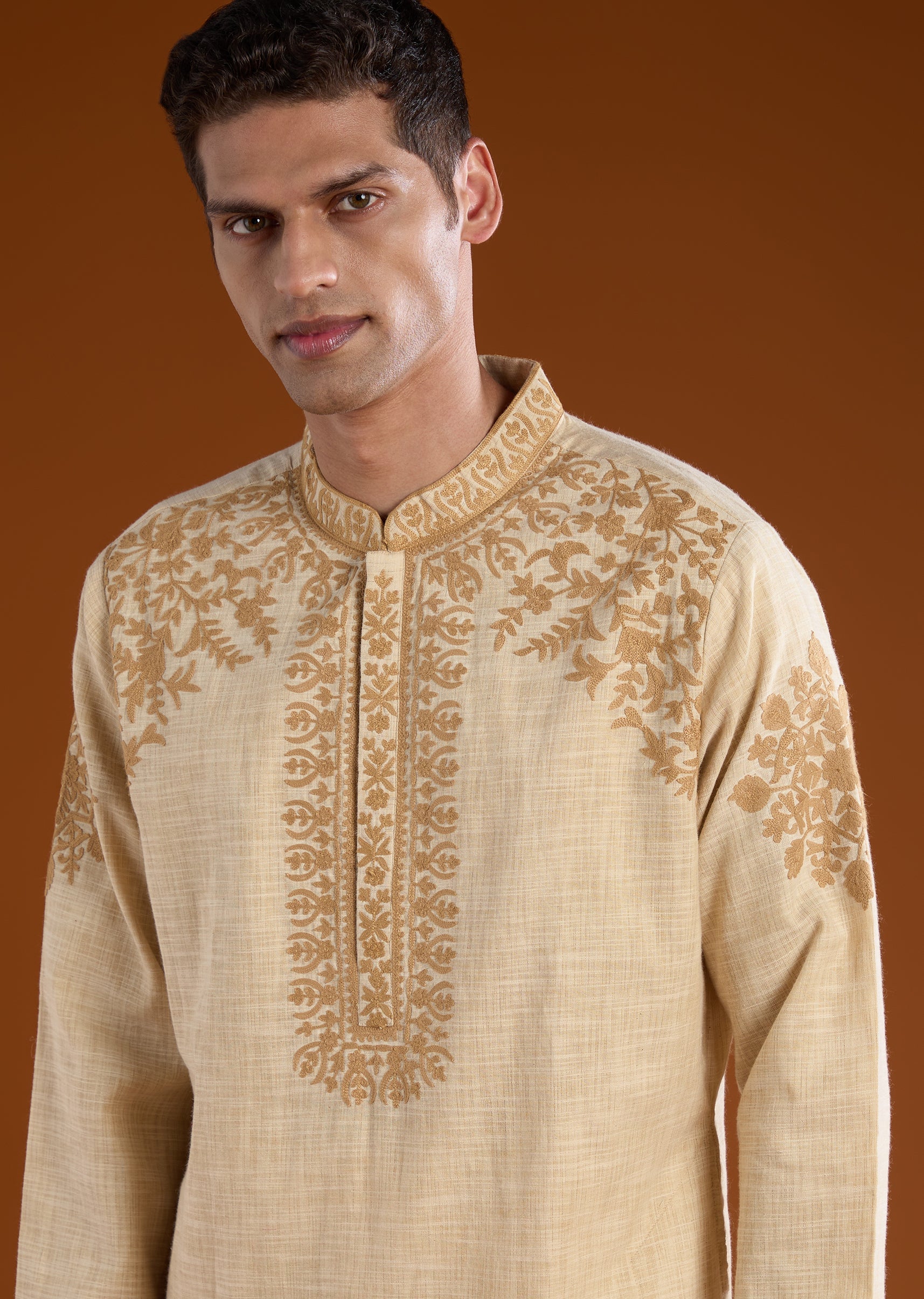 Beige Viscose Embroidered Mens Kurta Pant Set - Image 2