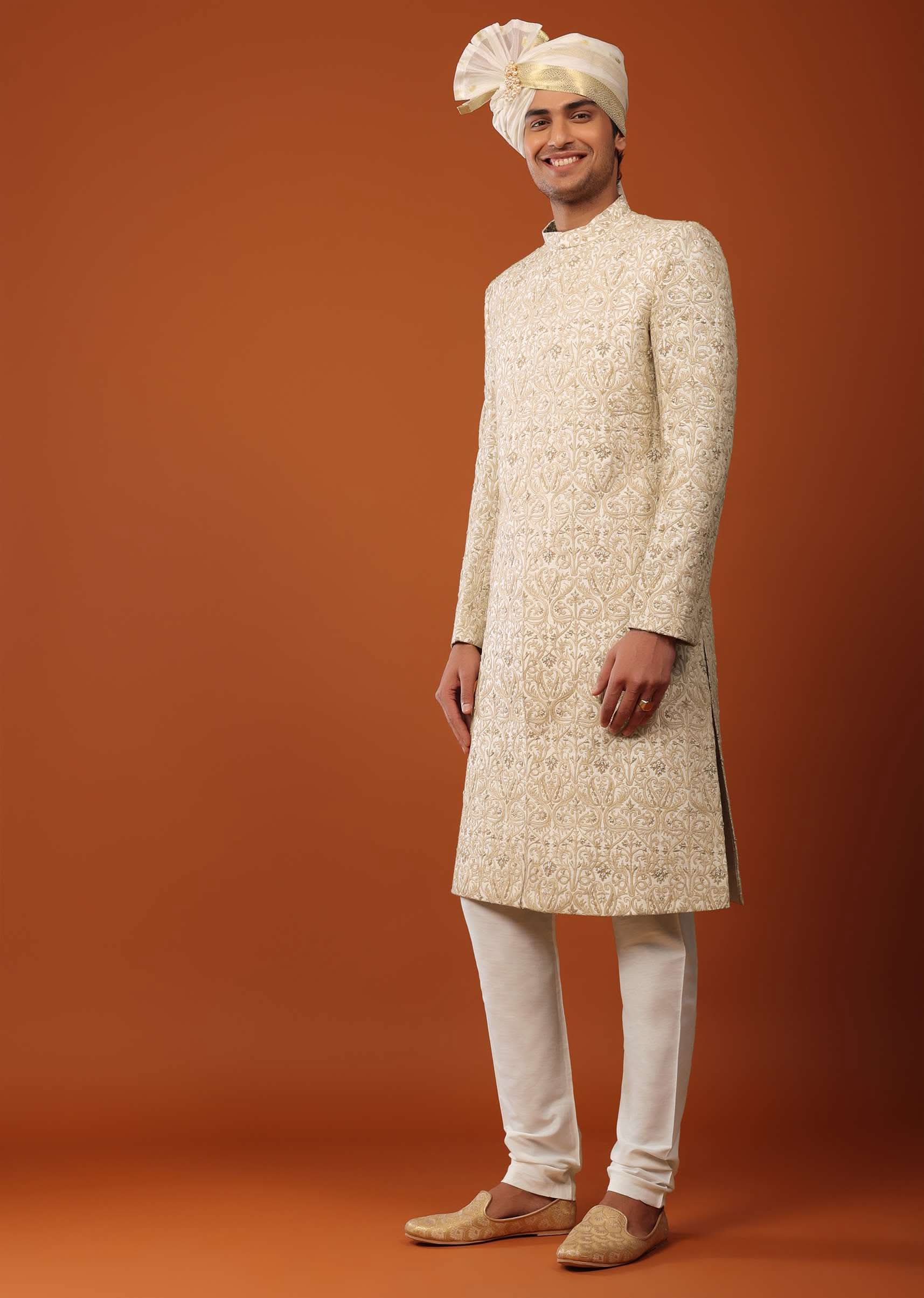 Beige White Sherwani Set In Silk With Threadwork - Image 4
