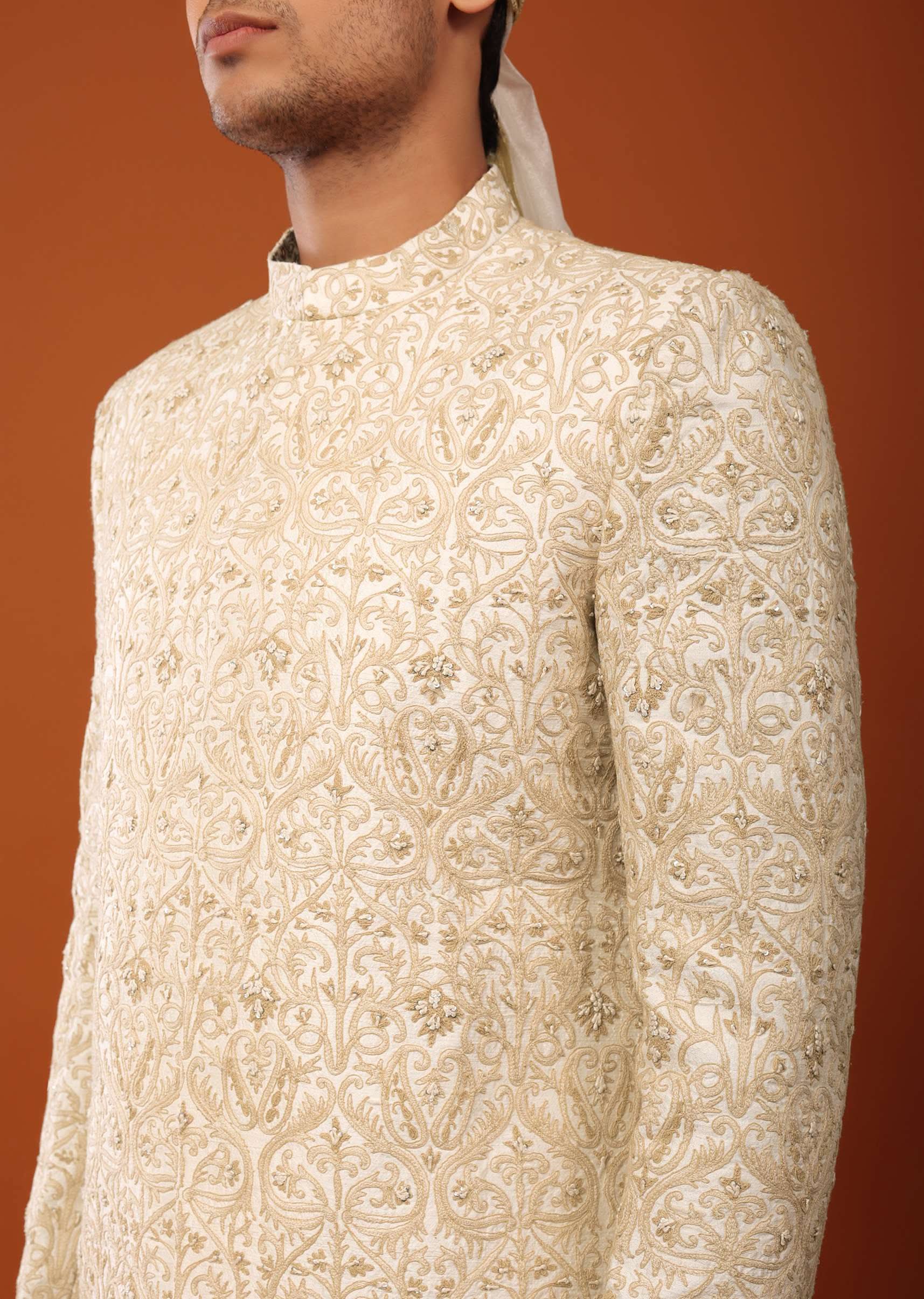 Beige White Sherwani Set In Silk With Threadwork - Image 5