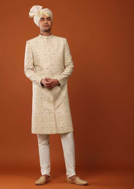 Beige White Sherwani Set In Silk With Threadwork - Image 6